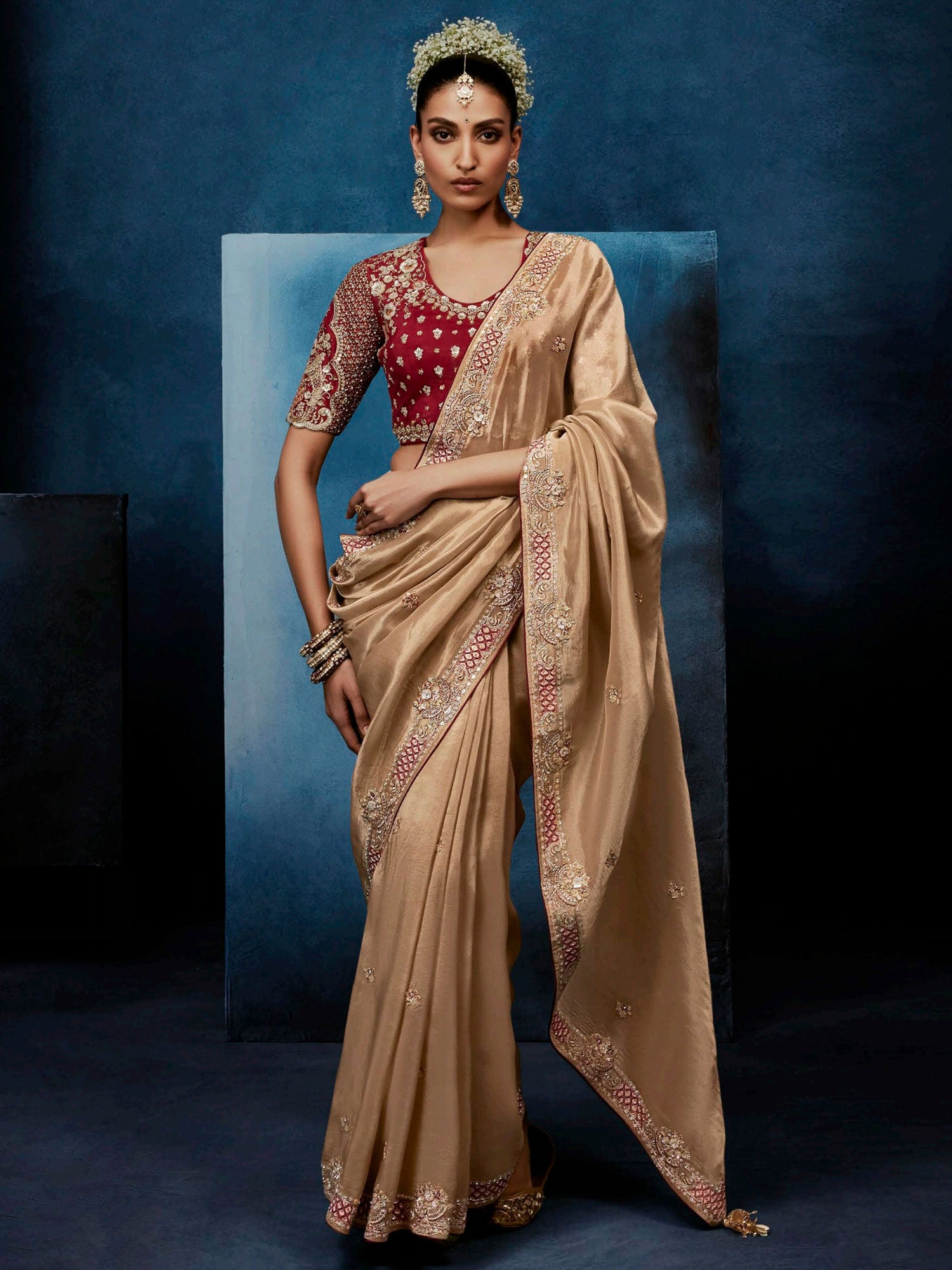 Ivory Cream Embroidered Wedding Saree In Silk