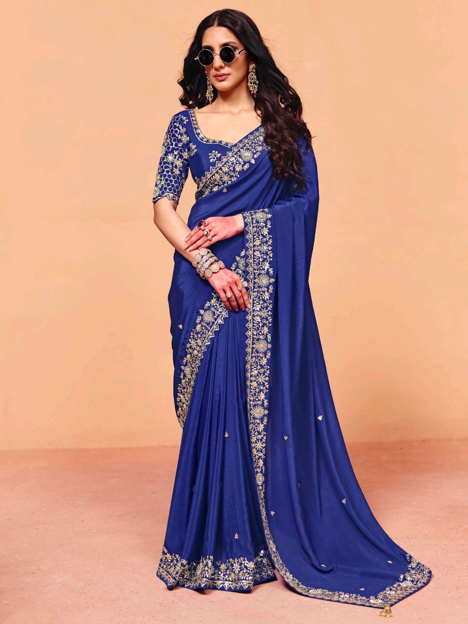 Blue Tissue Silk Saree With Floral Borders