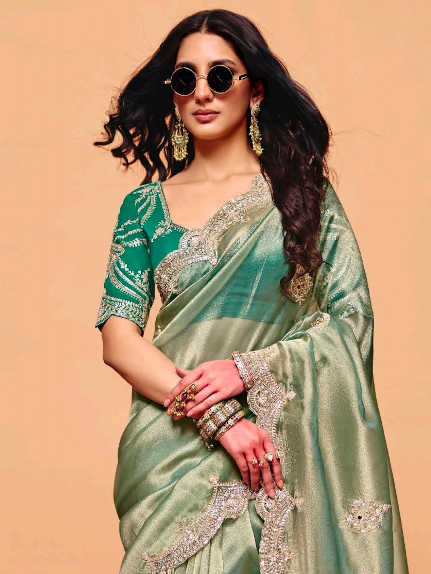 Green Bridesmaid Saree In Silk With Heavy Borders