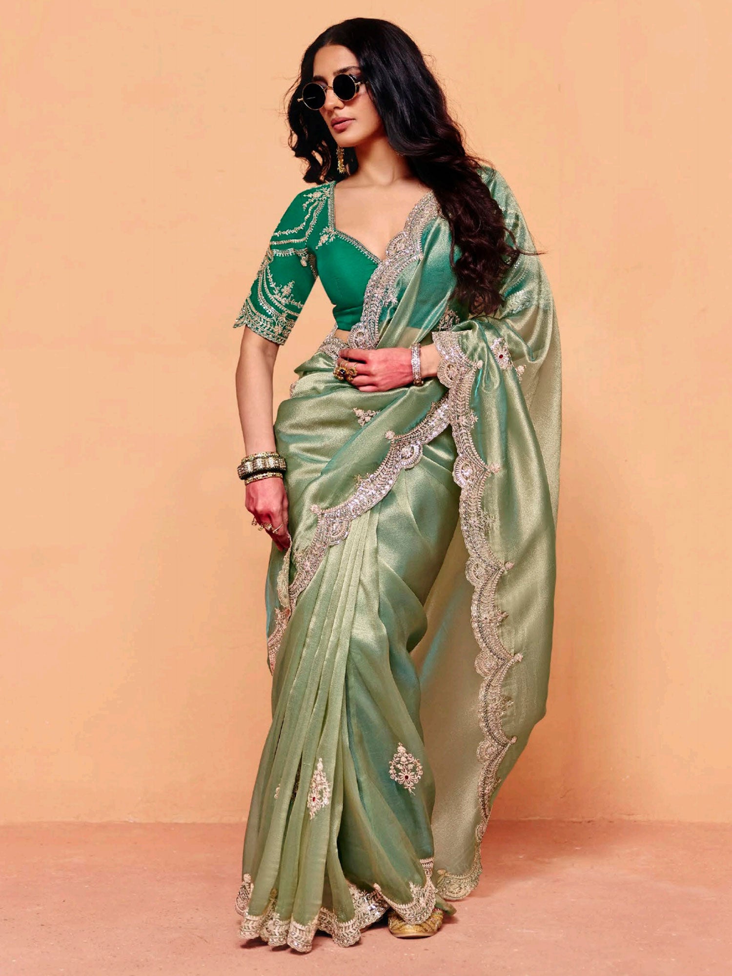 Green Bridesmaid Saree In Silk With Heavy Borders