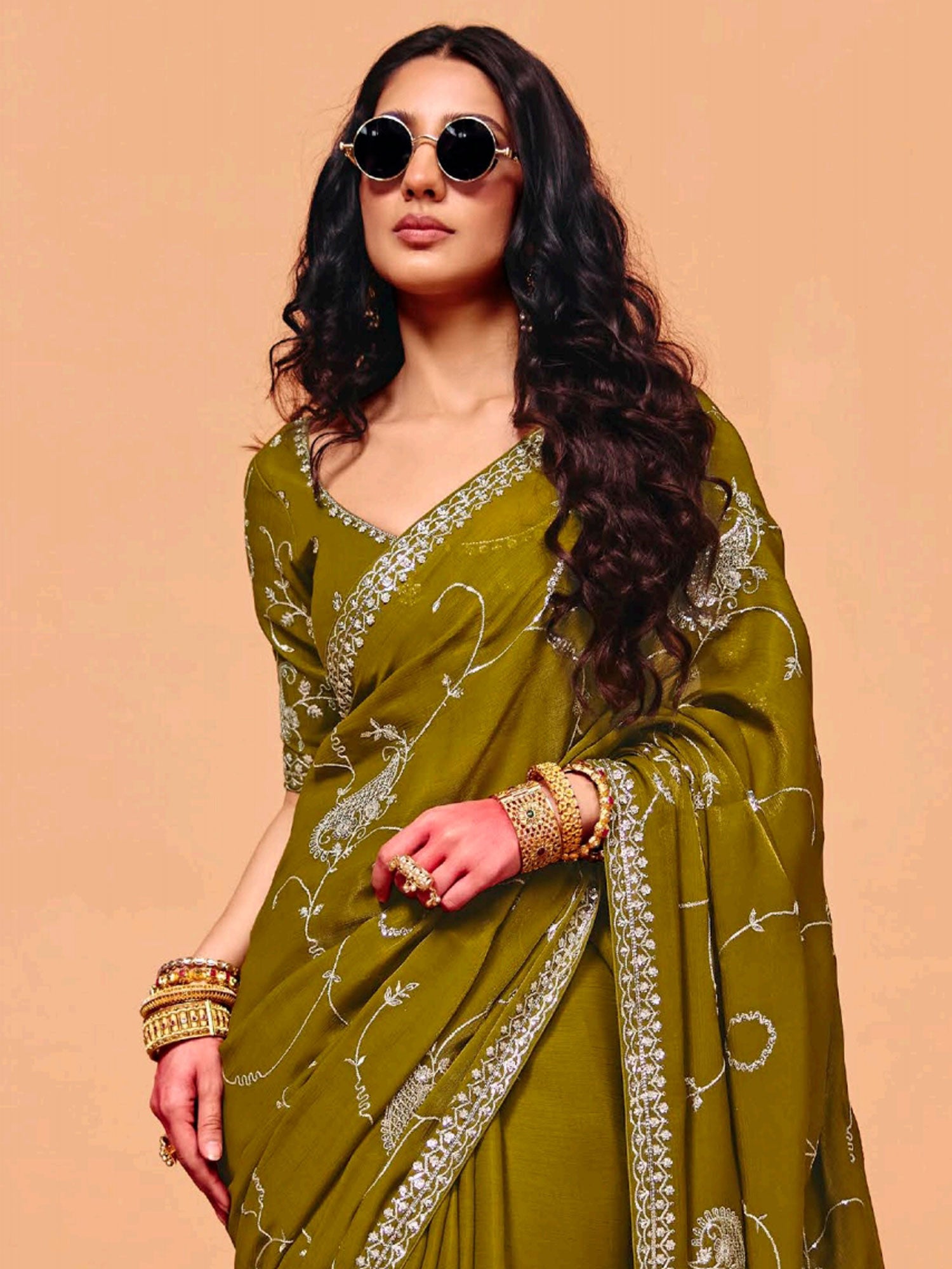 Mehndi Green Silver Zari Embroidered Silk Saree