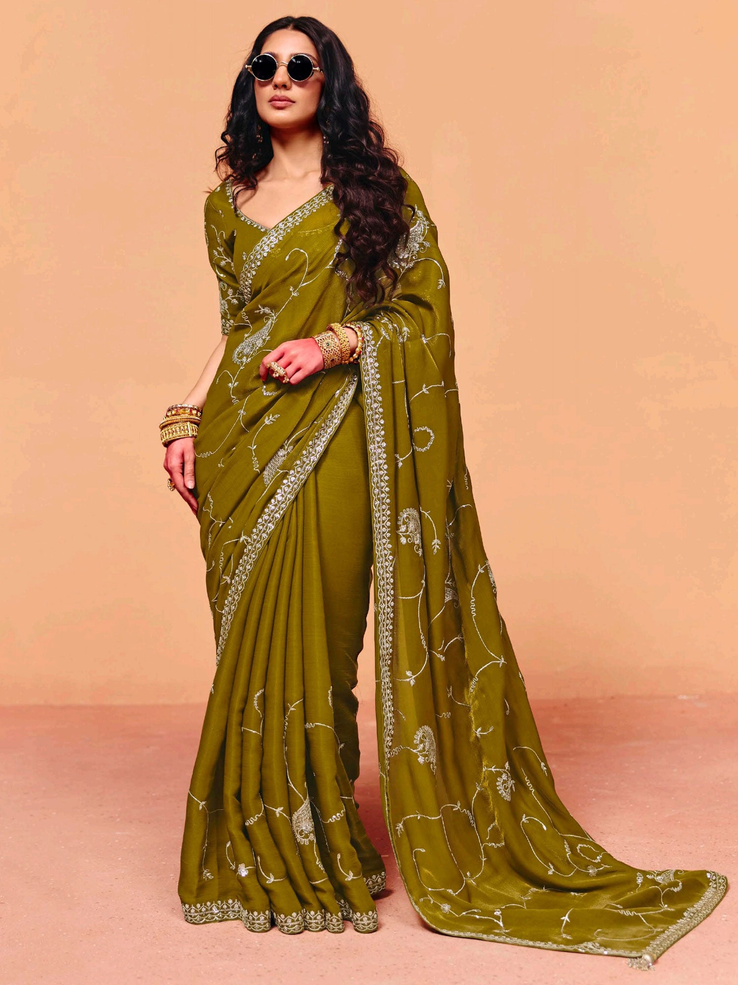 Mehndi Green Silver Zari Embroidered Silk Saree