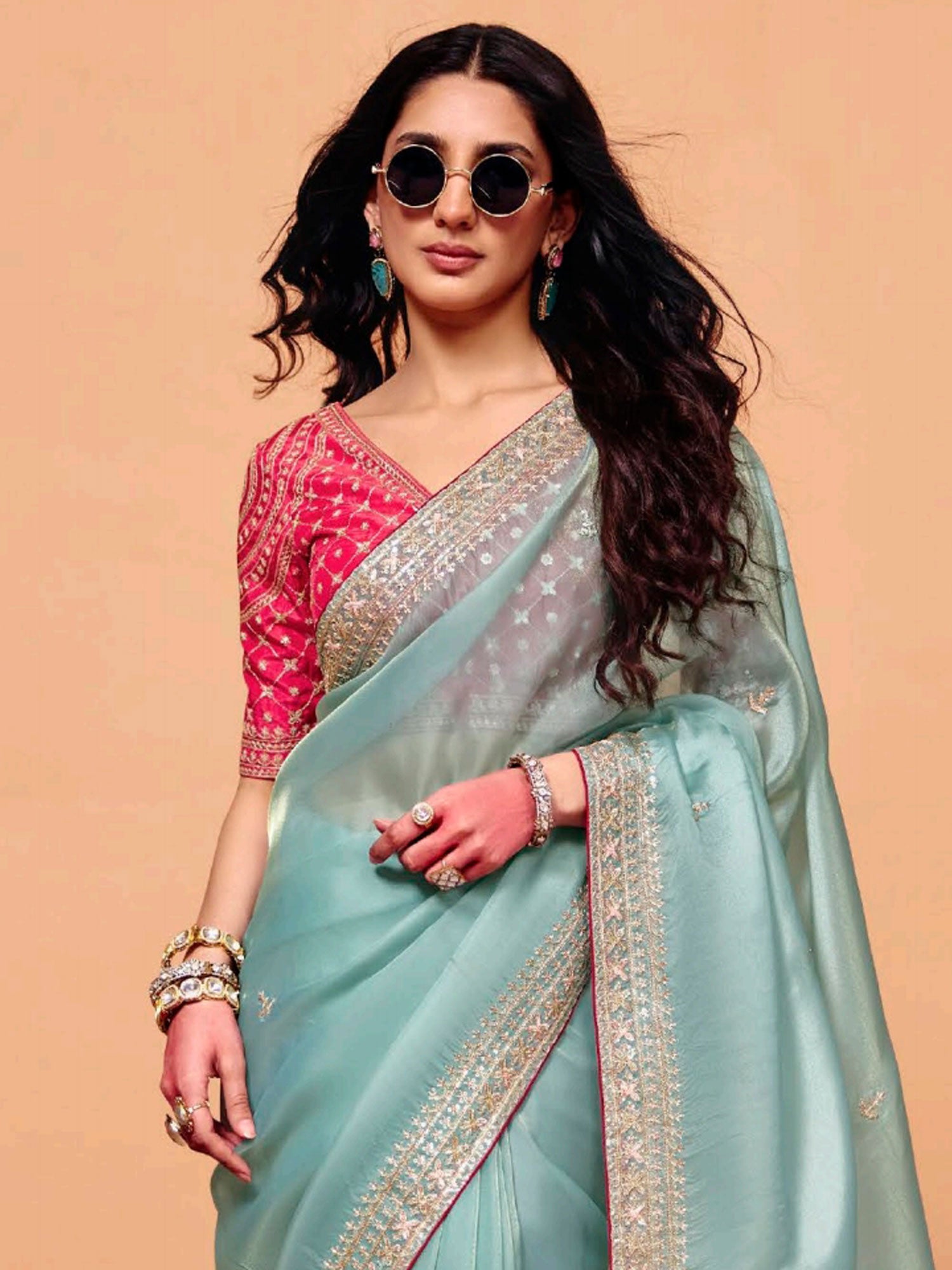 Blue Party Wear Saree With Blouse In Tissue Silk