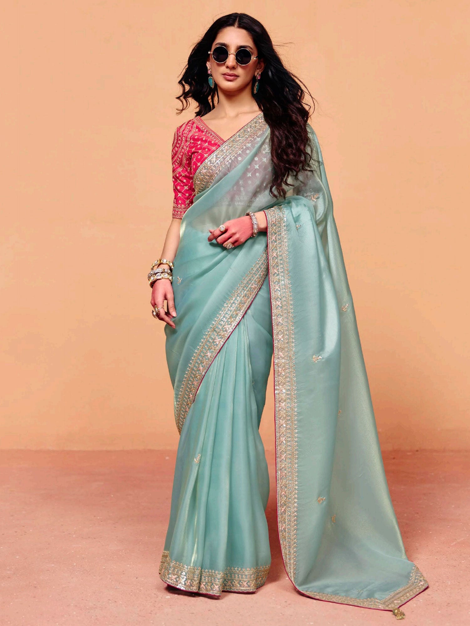 Blue Party Wear Saree With Blouse In Tissue Silk