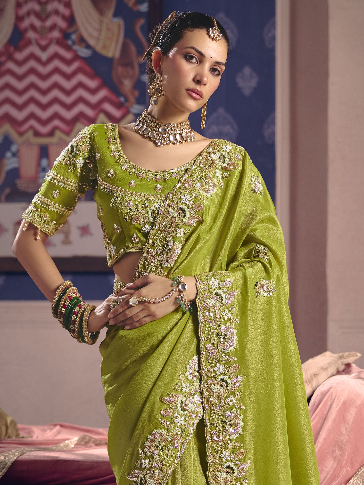 Green Wedding Saree With Heavy Embroidered Borders