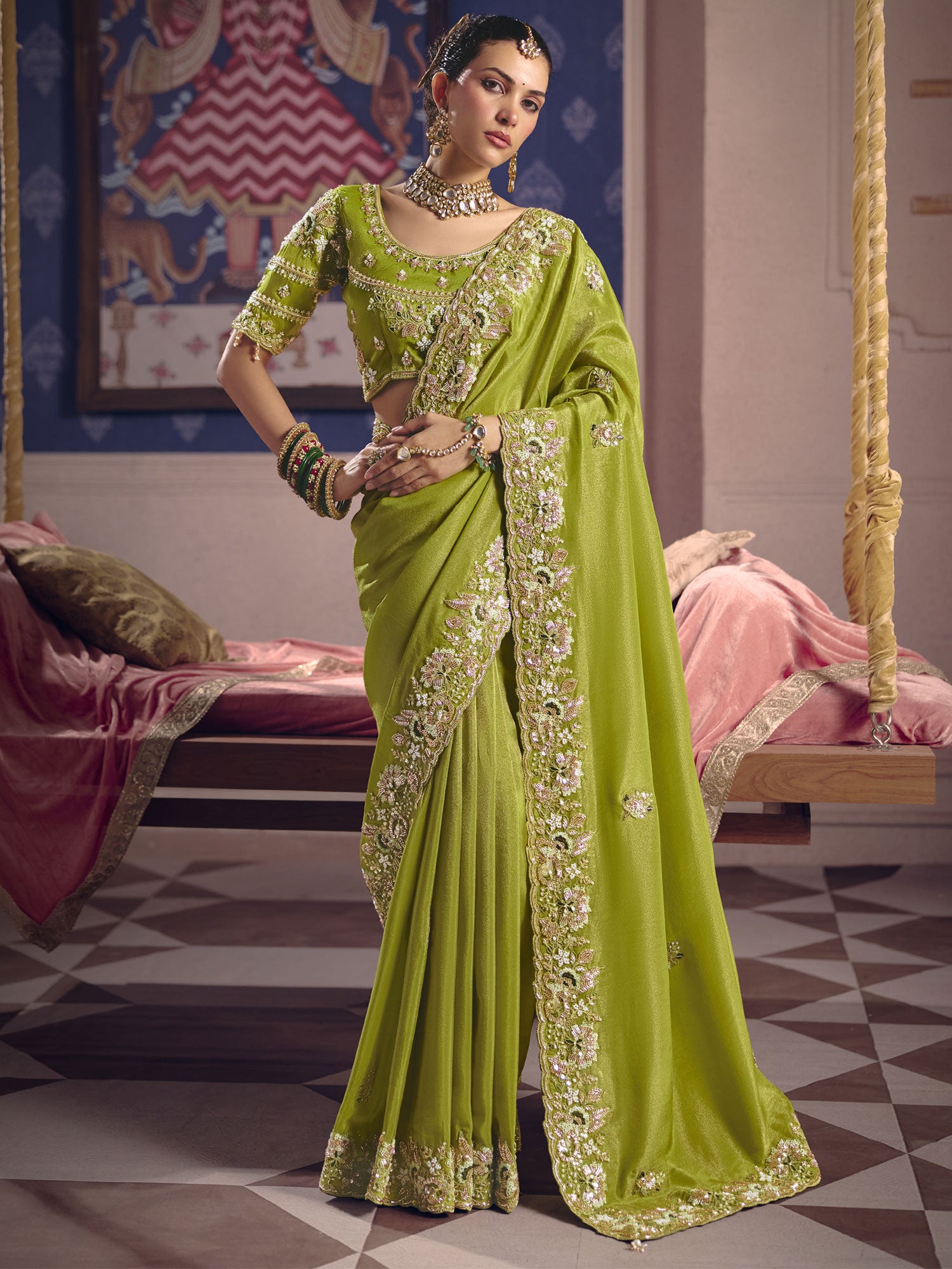 Green Wedding Saree With Heavy Embroidered Borders