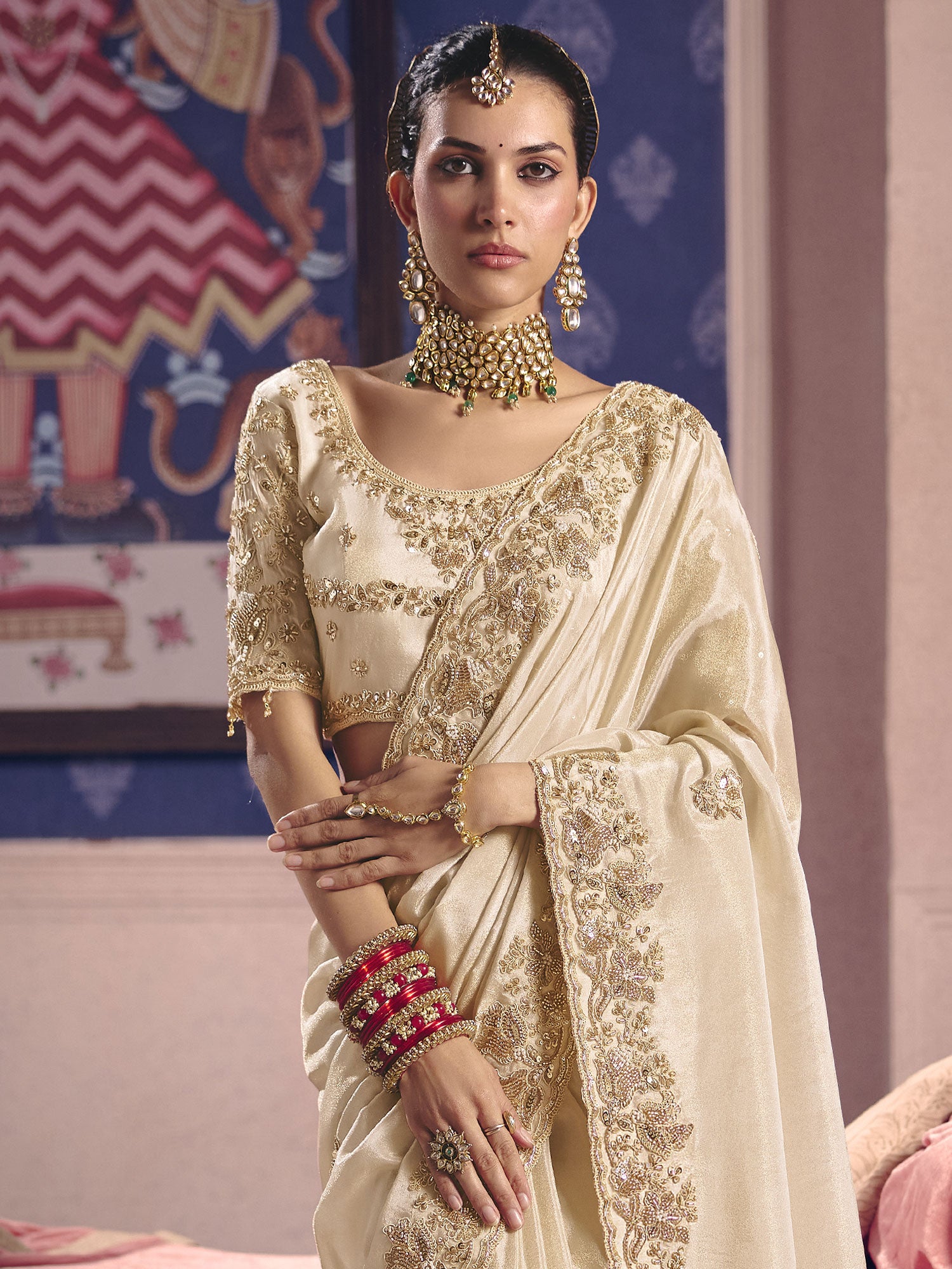 Beige Zari Embellished Work Bridesmaid Saree