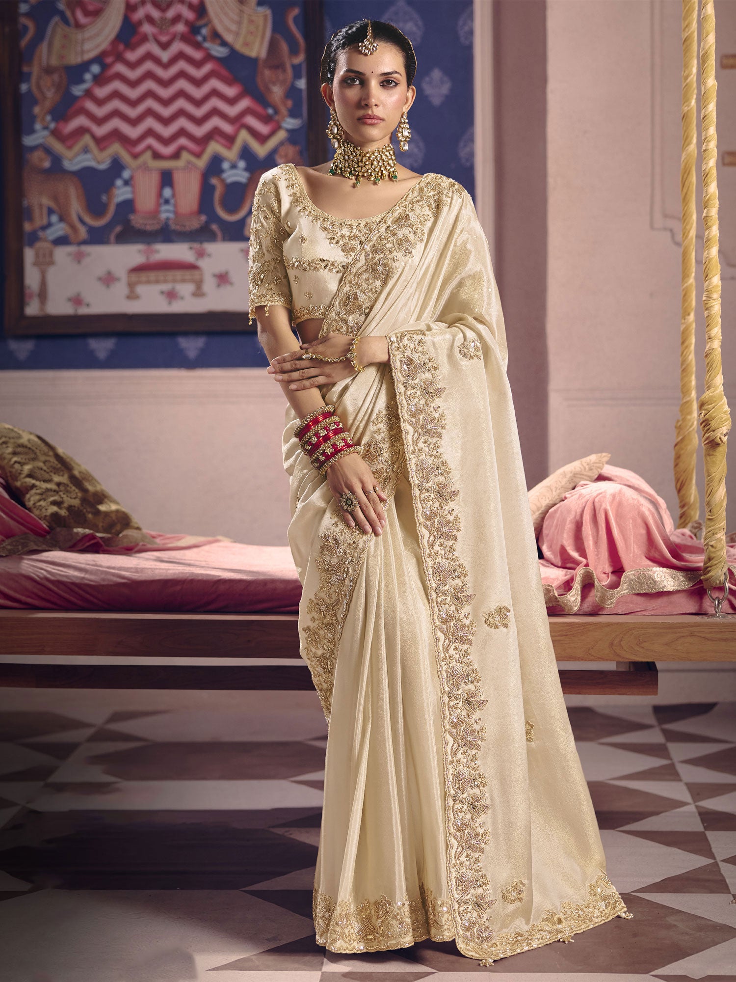 Beige Zari Embellished Work Bridesmaid Saree