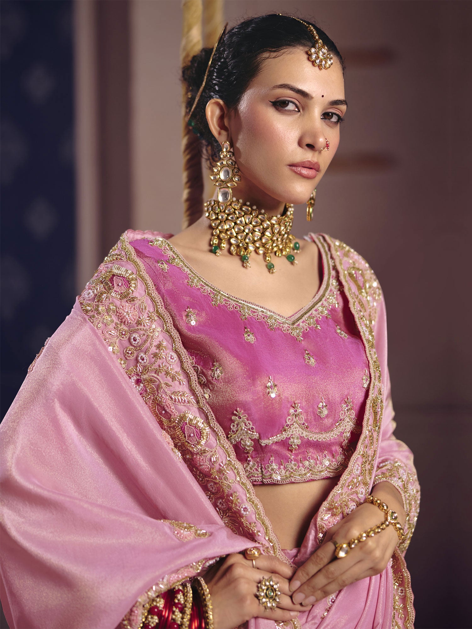 Light Pink Wedding Saree With Zari Work Borders