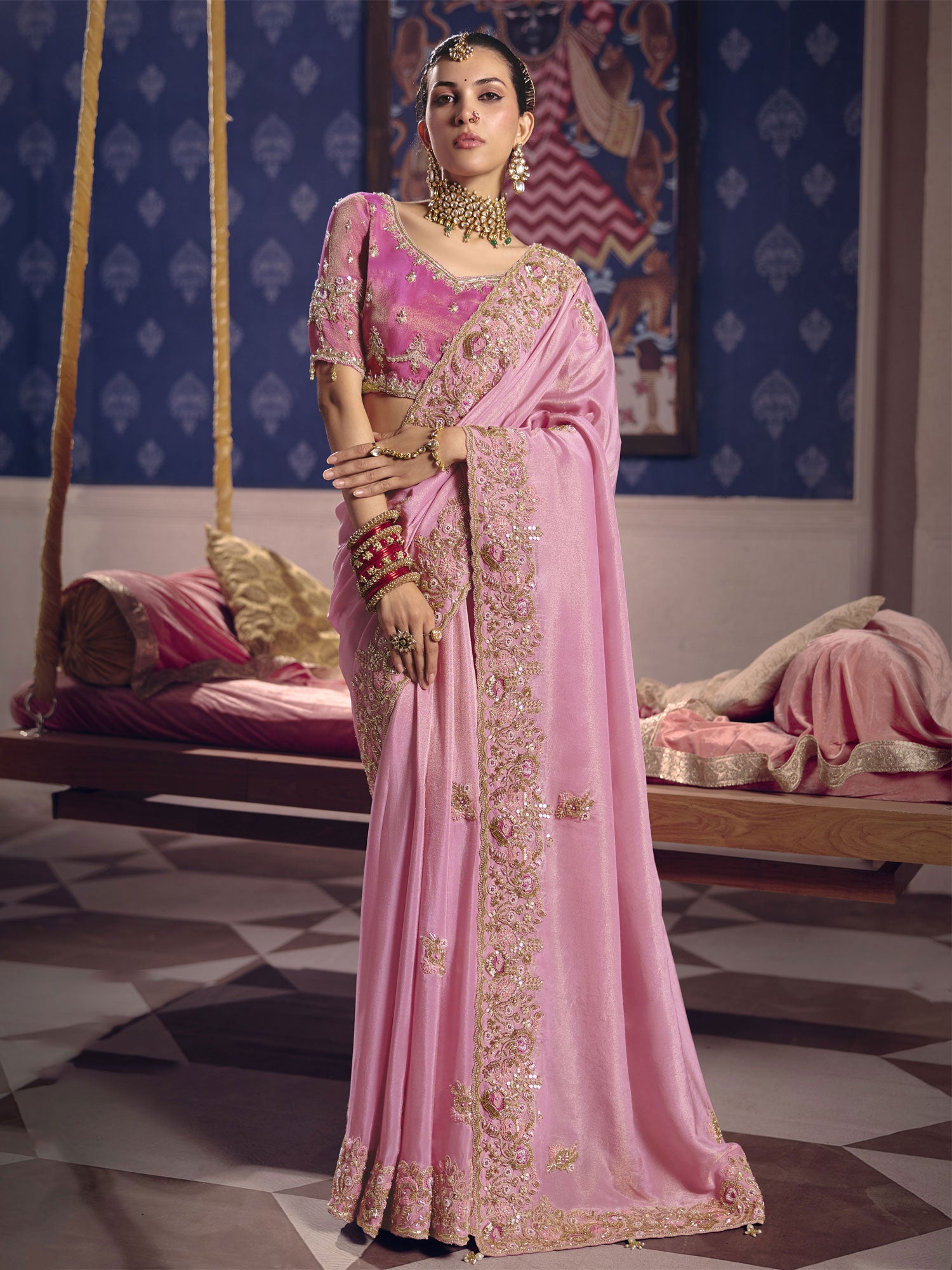 Light Pink Wedding Saree With Zari Work Borders