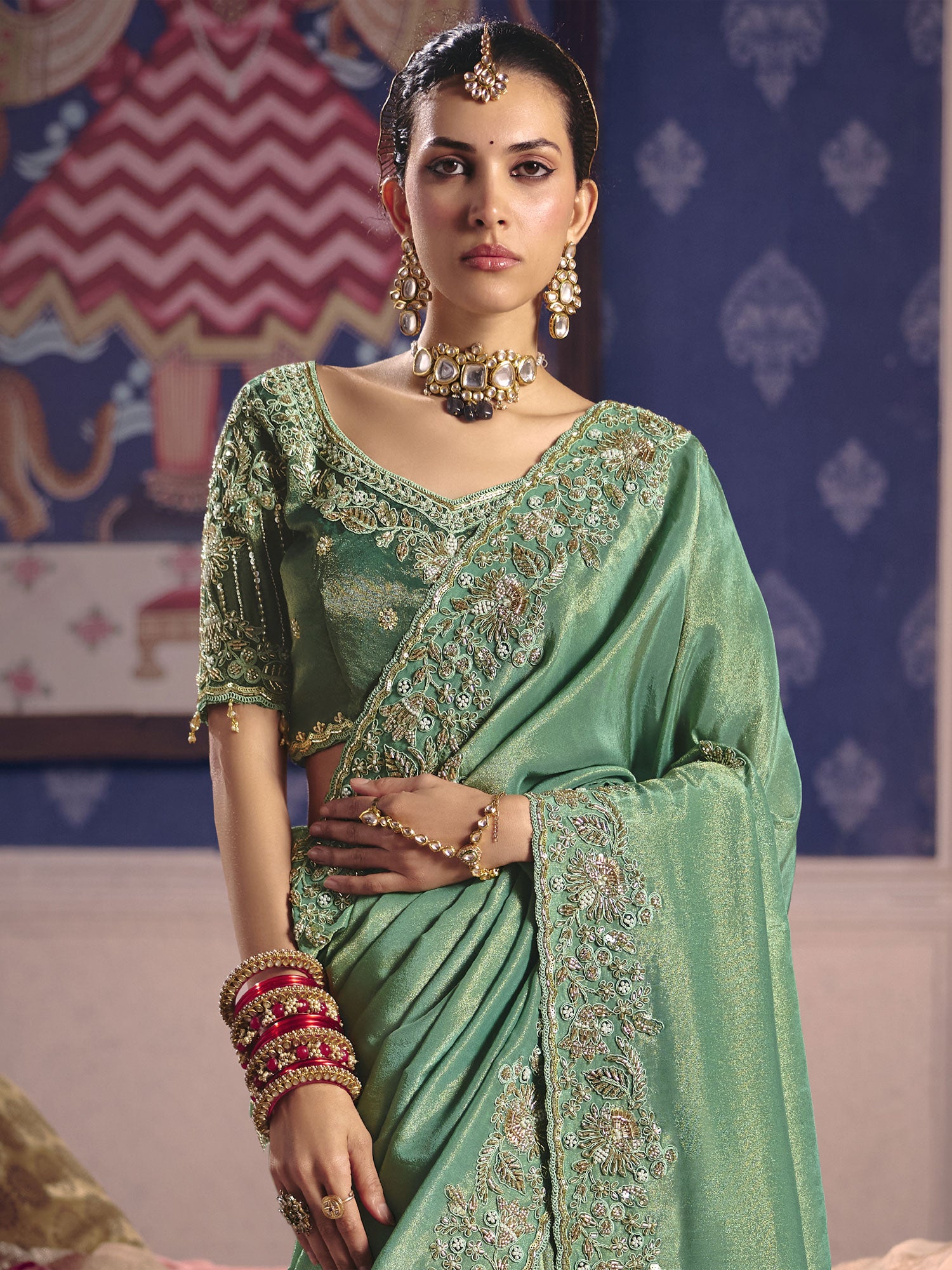 Green Sequins Work Embroidered Wedding Saree