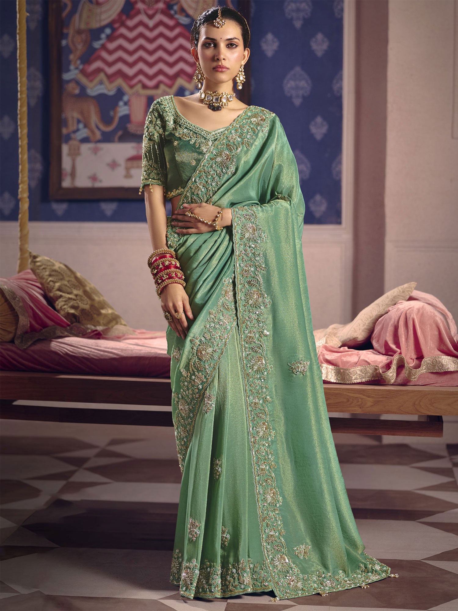 Green Sequins Work Embroidered Wedding Saree