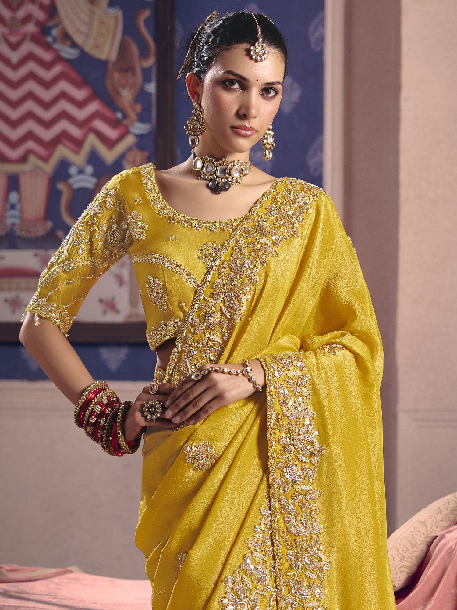 Yellow Festive Wear Embroidered Silk Saree