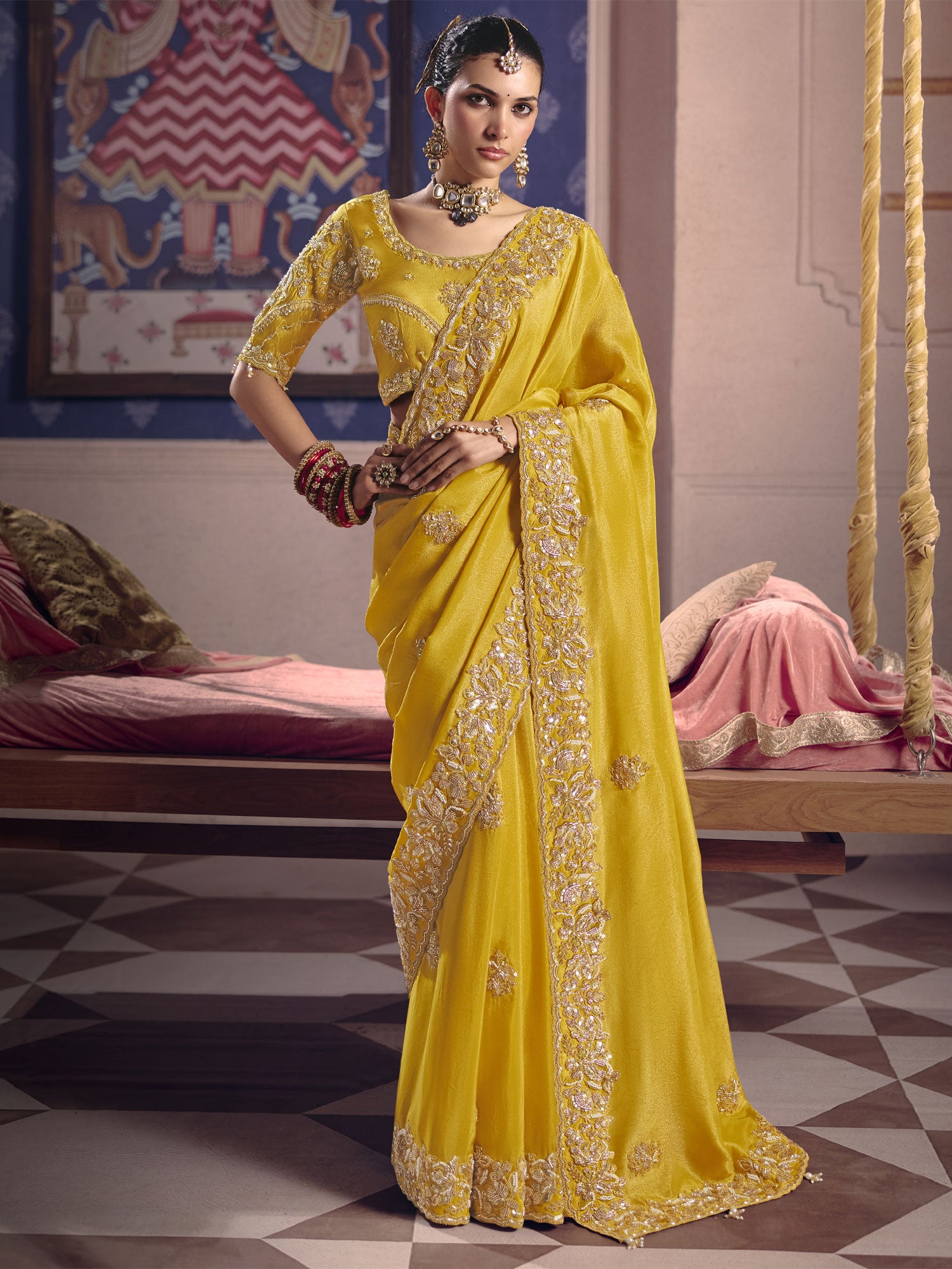 Yellow Festive Wear Embroidered Silk Saree