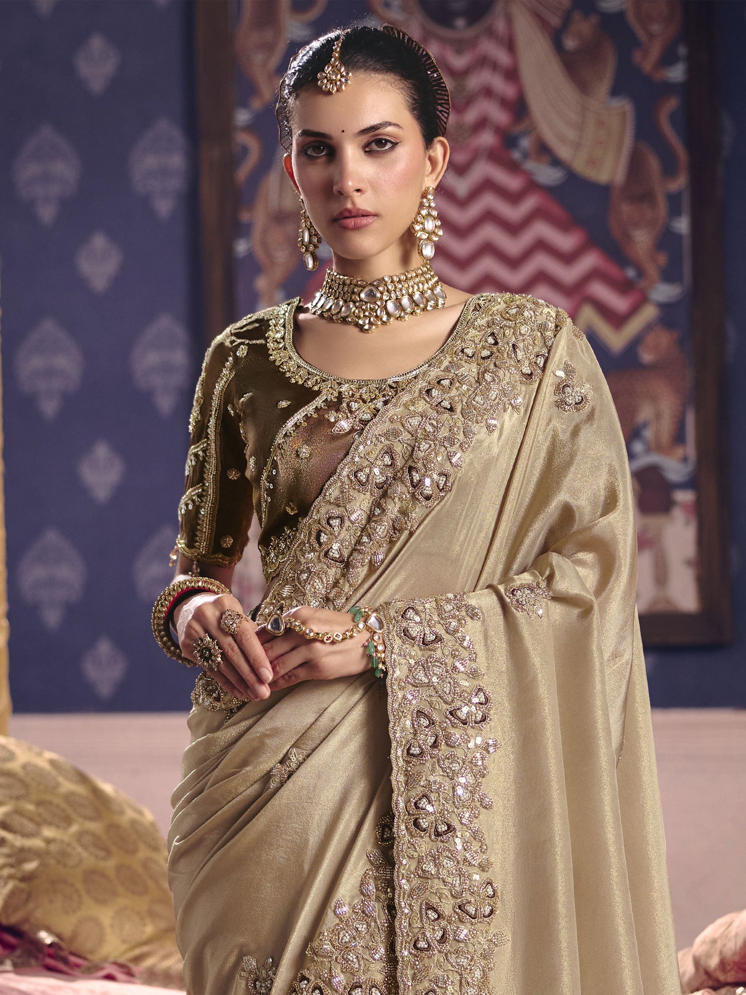 Dark Beige Party Saree With Embroidered Blouse