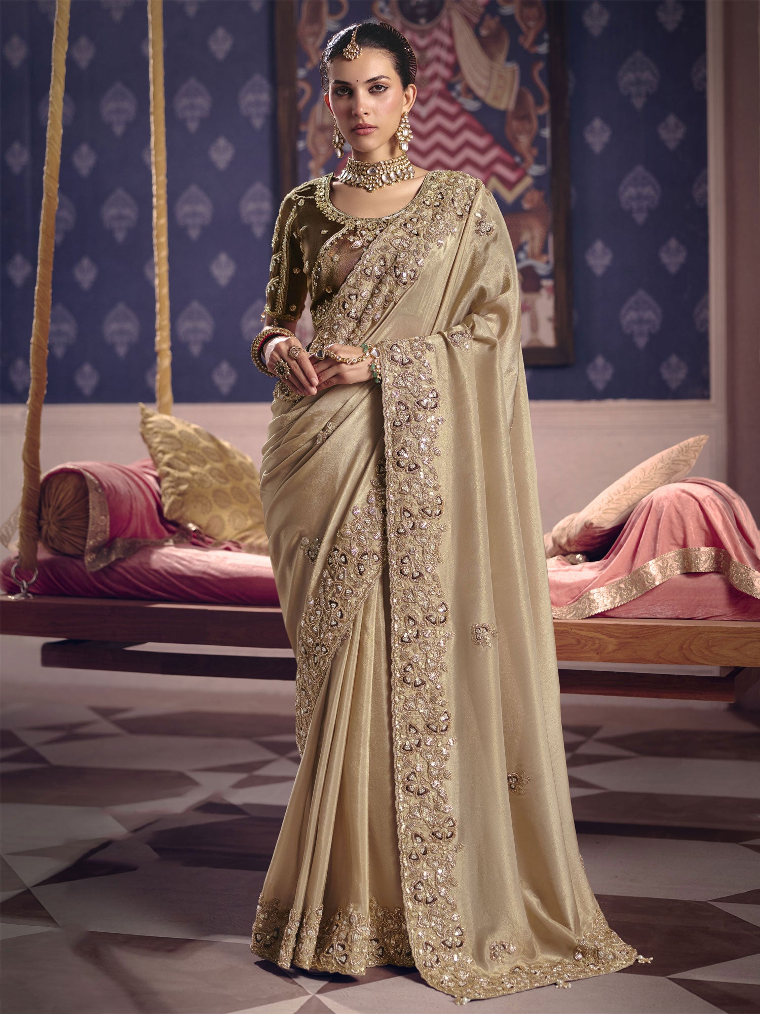 Dark Beige Party Saree With Embroidered Blouse