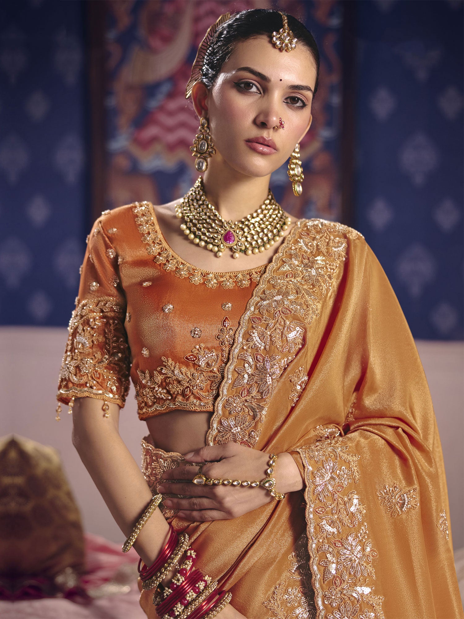 Orange Hand Work Embroidered Saree In Silk