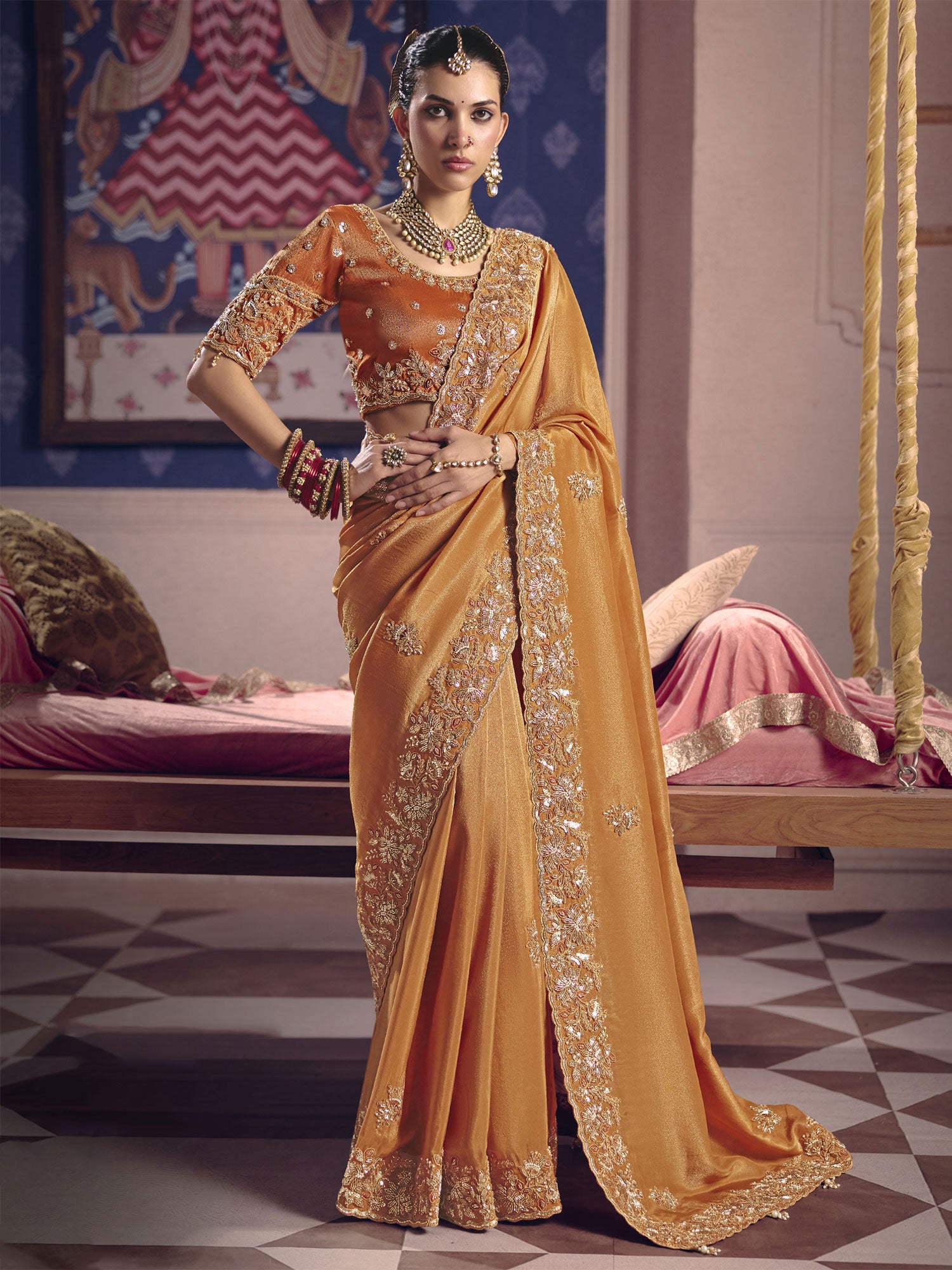 Orange Hand Work Embroidered Saree In Silk