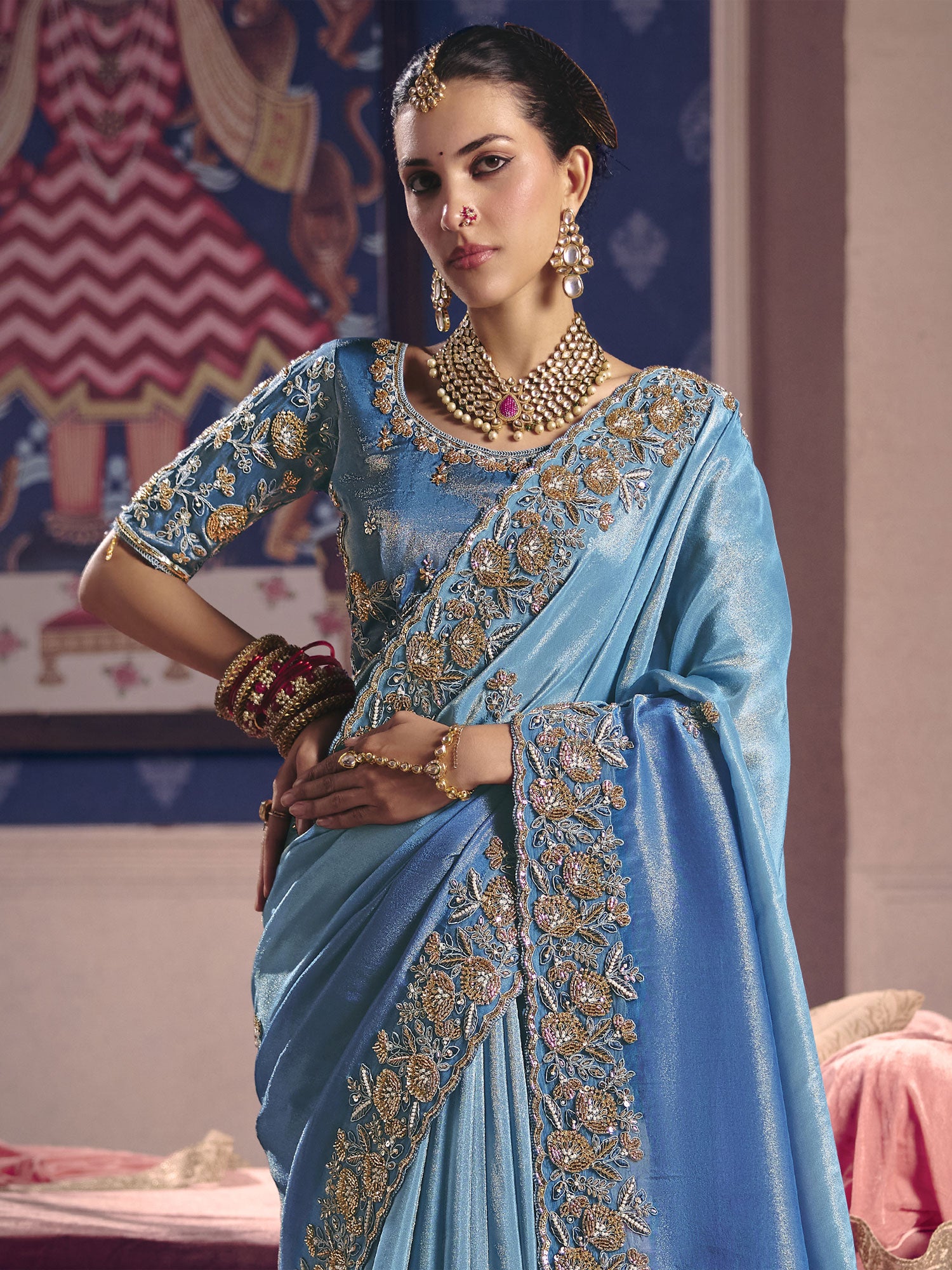 Blue Shaded Saree In Silk With Heavy Borders