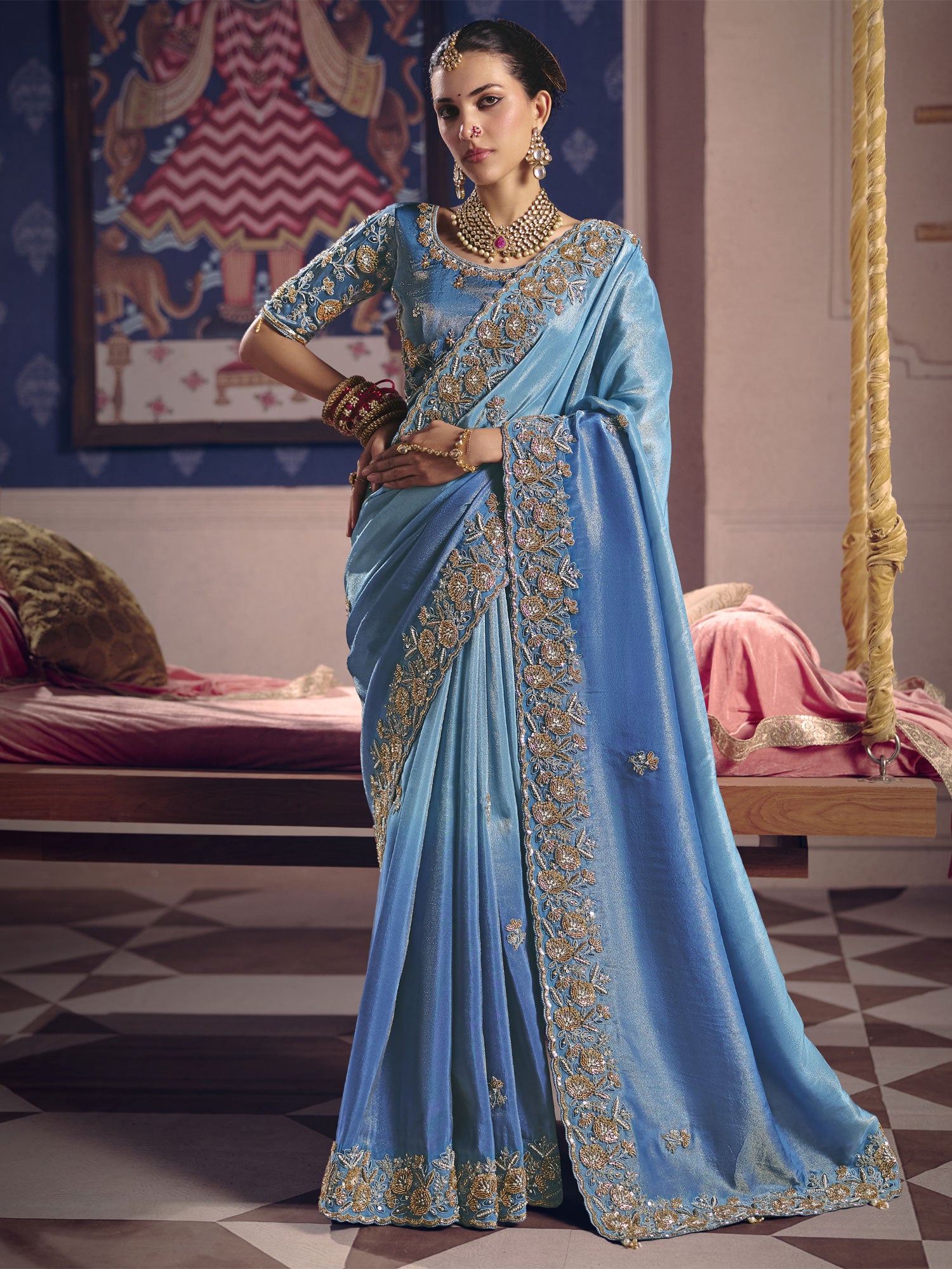 Blue Shaded Saree In Silk With Heavy Borders