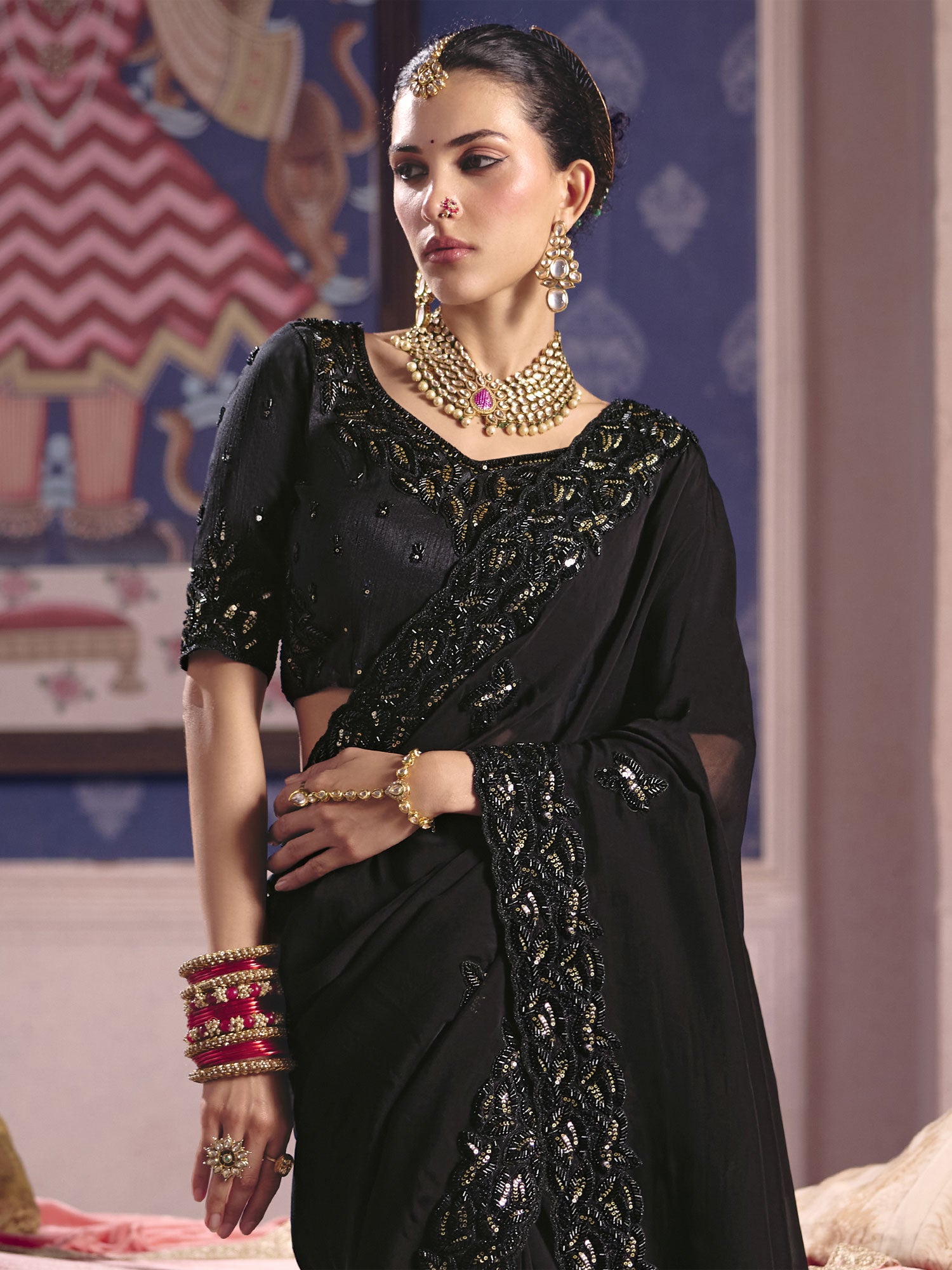Black Hand Work Cocktail Saree In Tissue Silk
