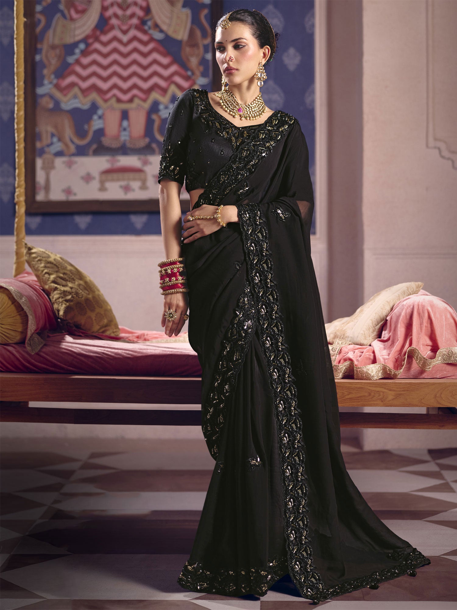 Black Hand Work Cocktail Saree In Tissue Silk