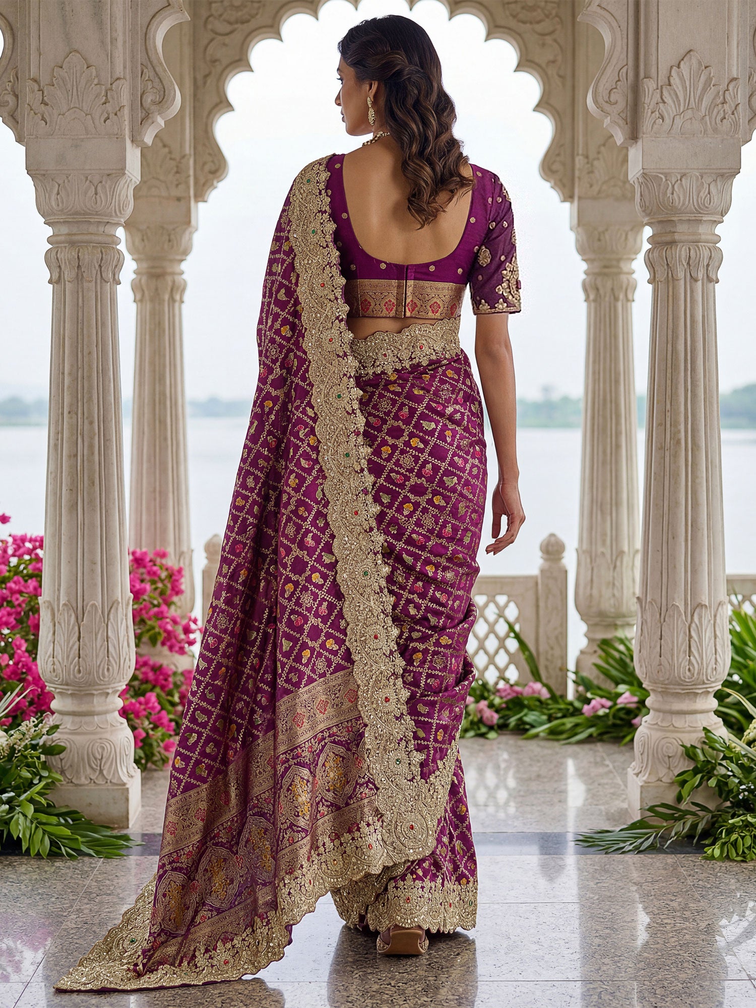 Dark Wine Floral Embroidered Saree In Banarasi Silk