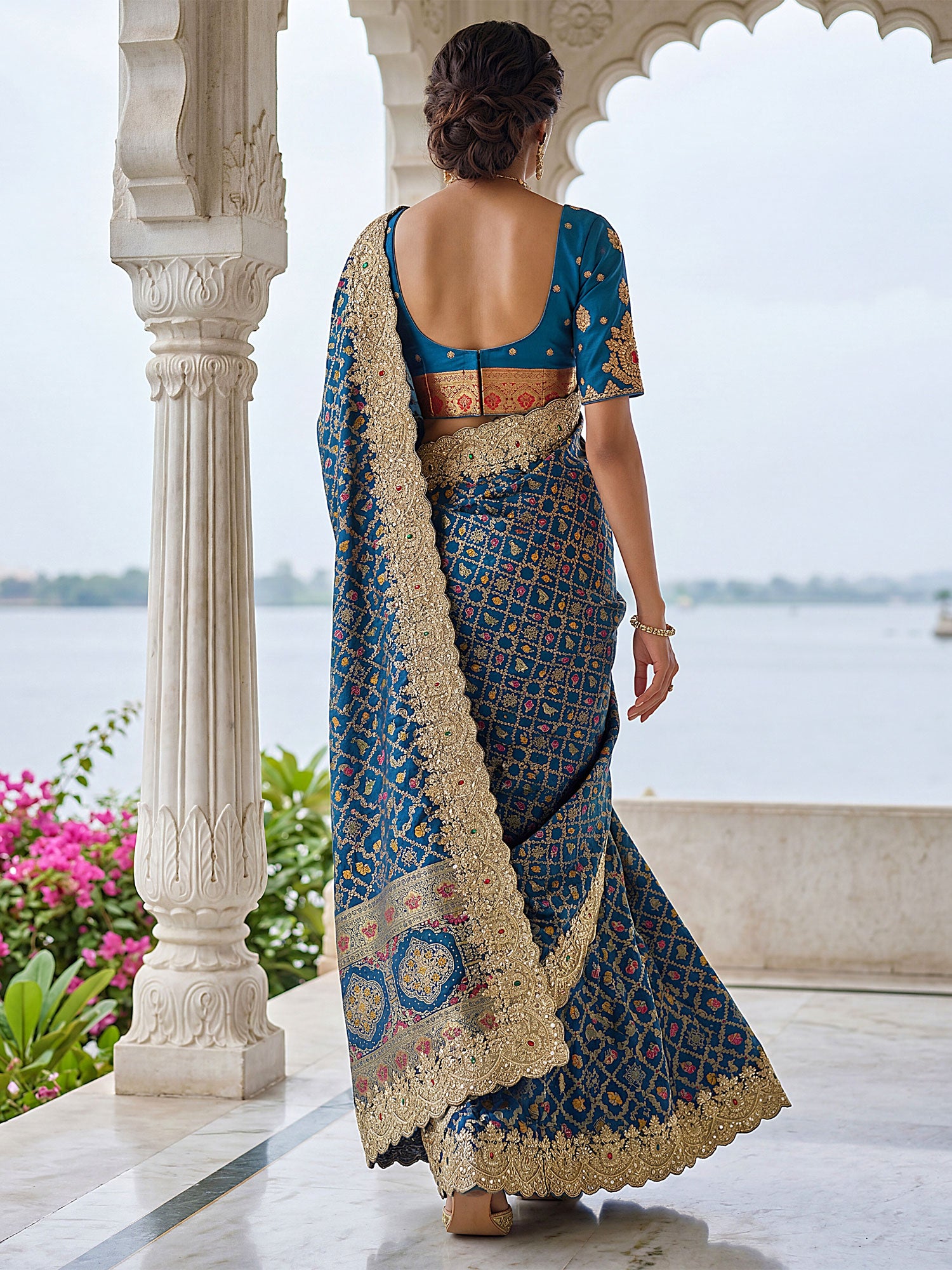 Blue Silk Saree With Heavy Embroidered Borders
