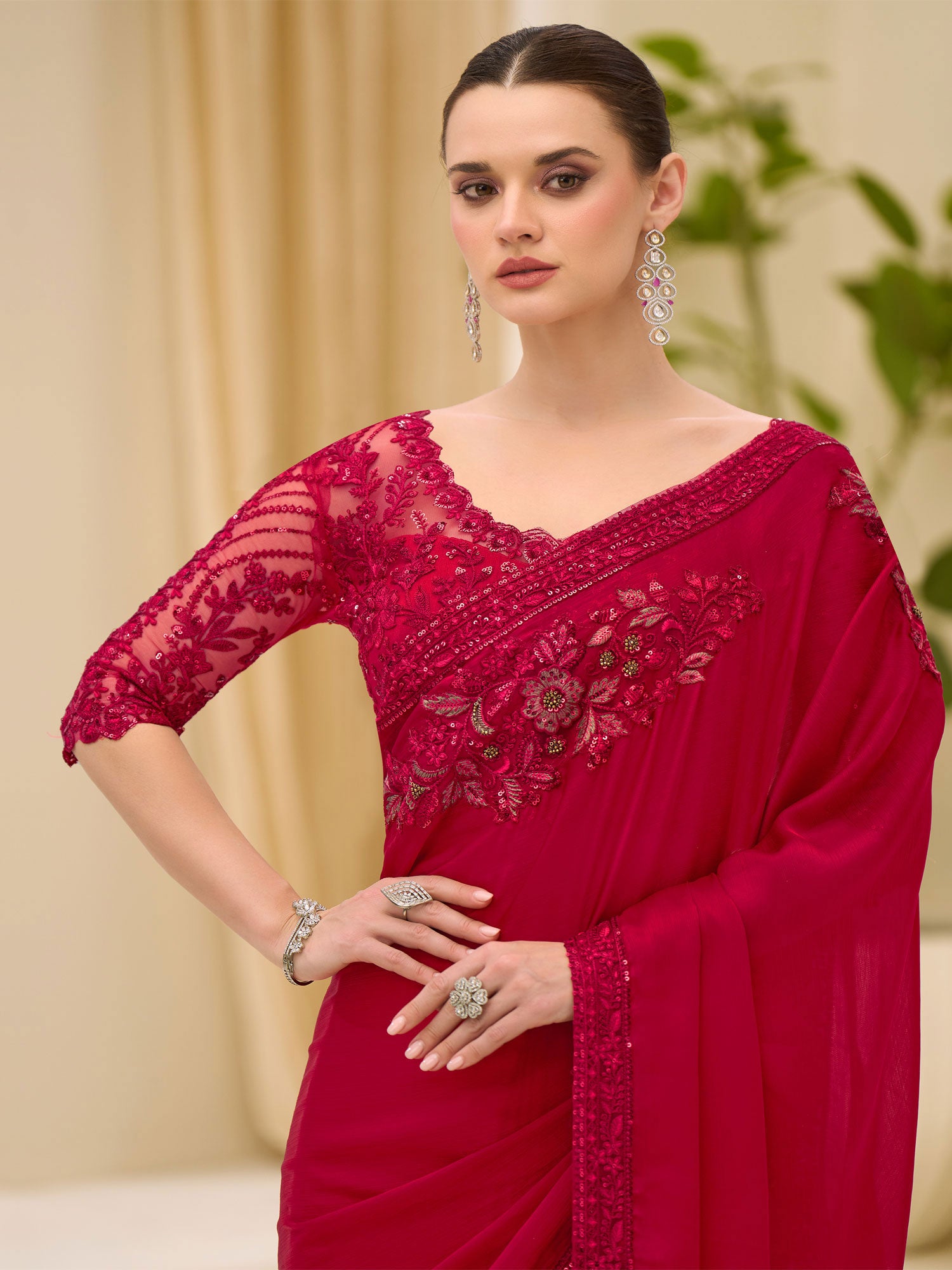 Berry Red Embroidered Saree With Heavy Borders