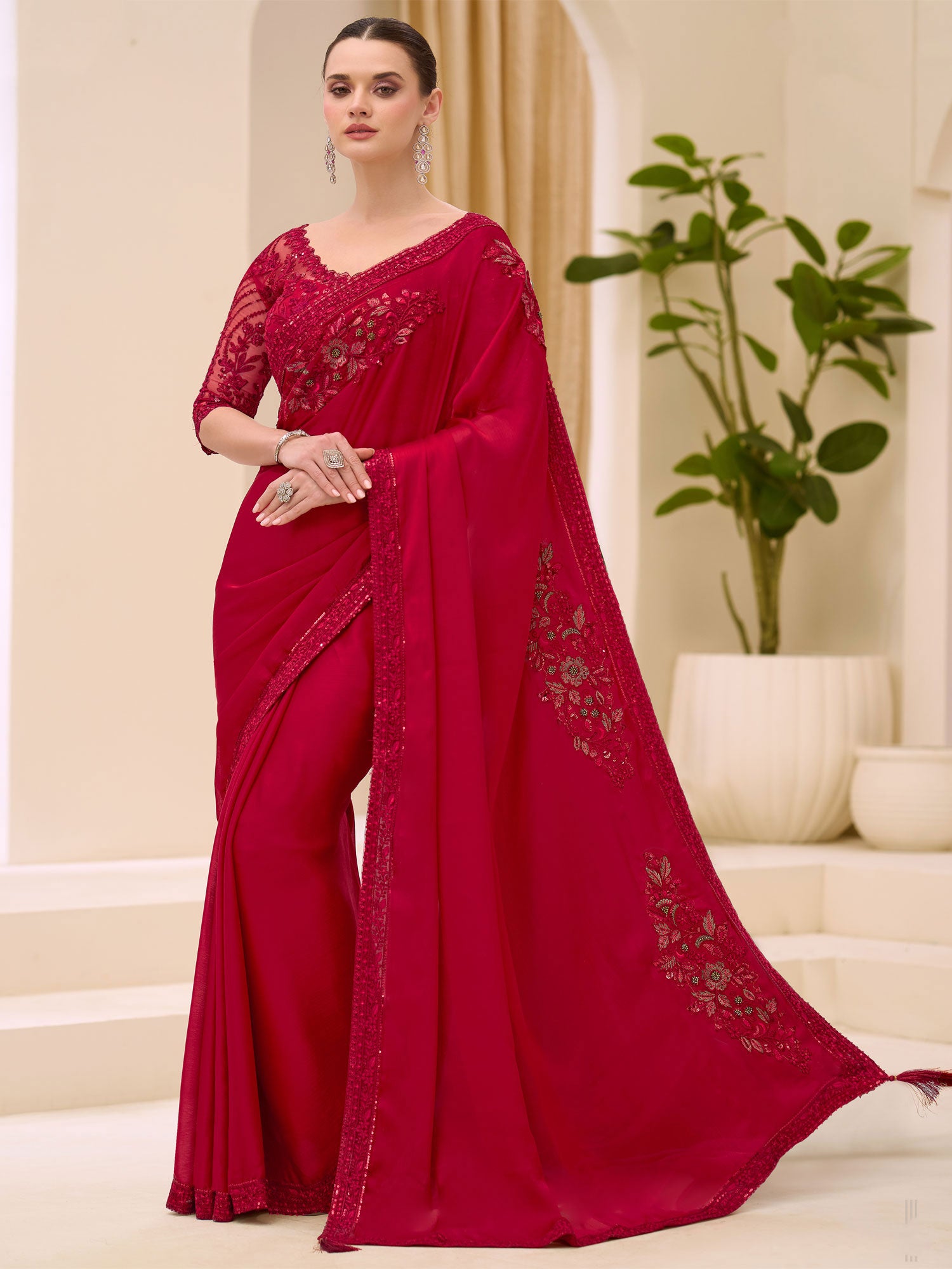 Berry Red Embroidered Saree With Heavy Borders