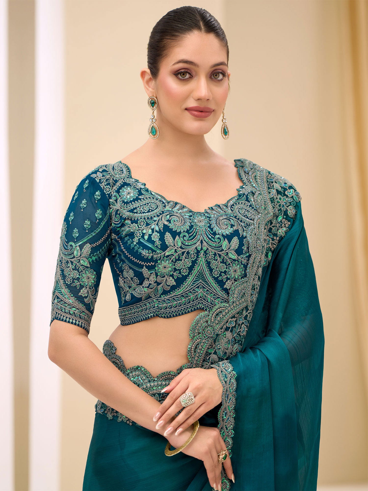 Teal Blue Wedding Saree In Sequins Embroidery