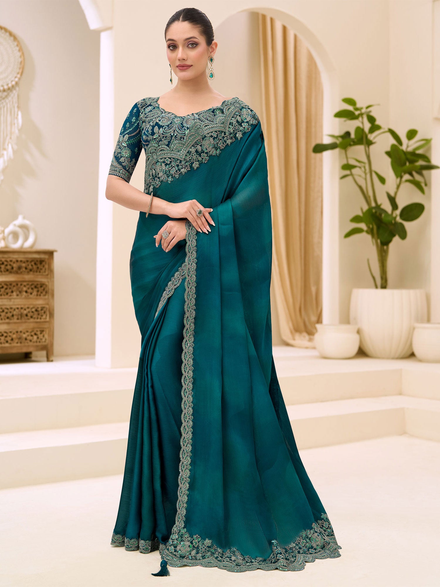 Teal Blue Wedding Saree In Sequins Embroidery