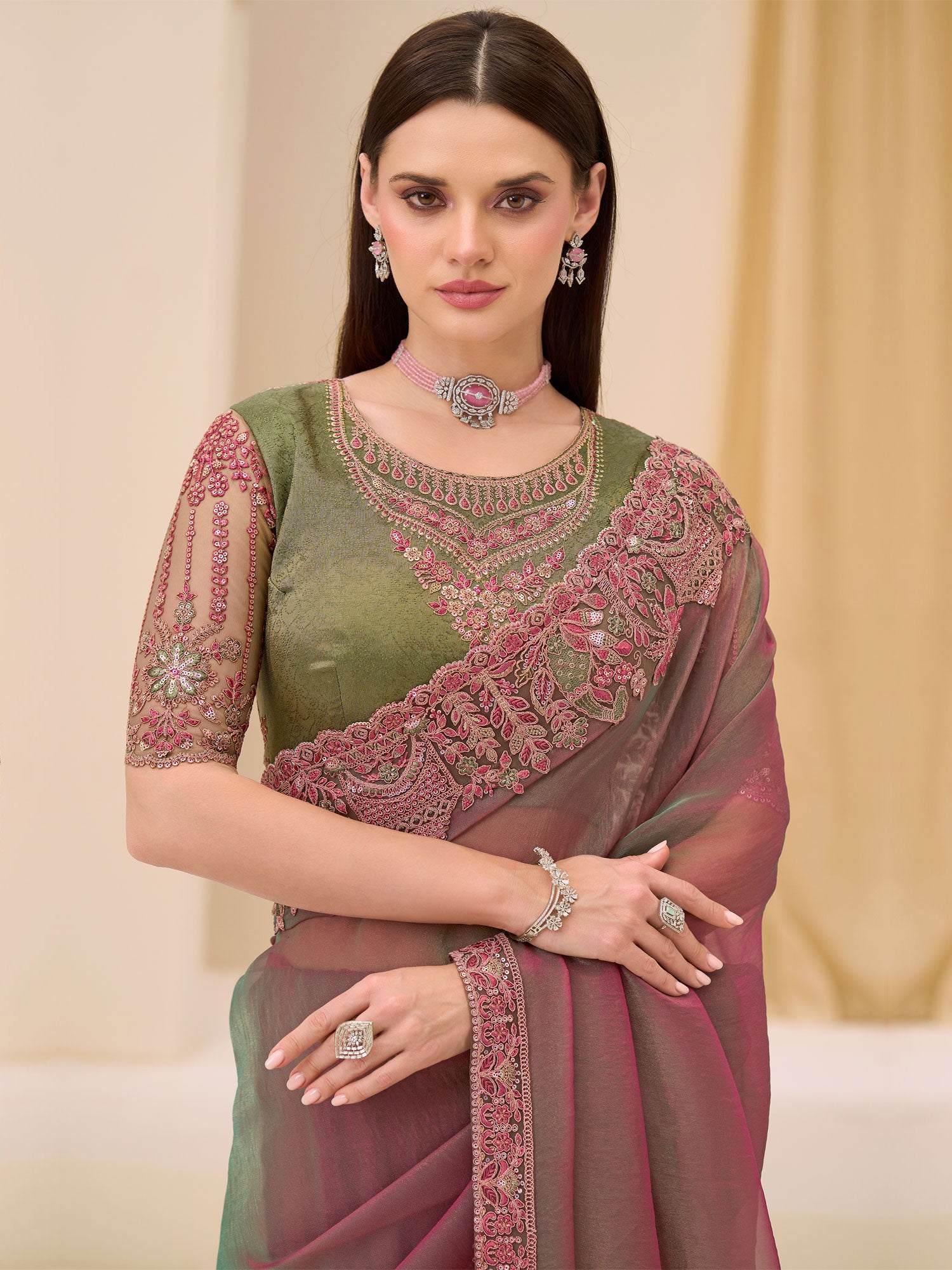 Pink Bridesmaid Saree With Embroidered Borders