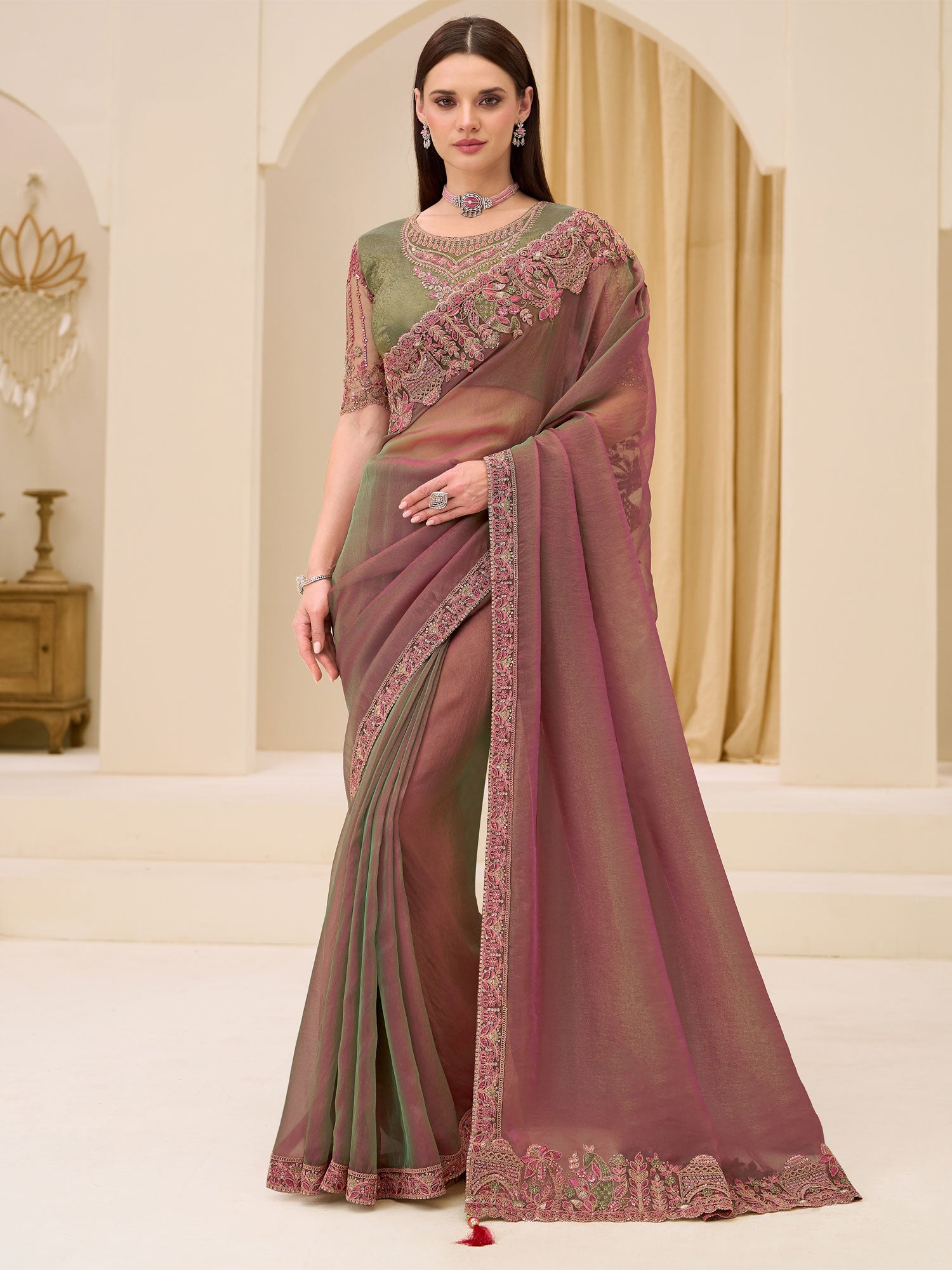 Pink Bridesmaid Saree With Embroidered Borders