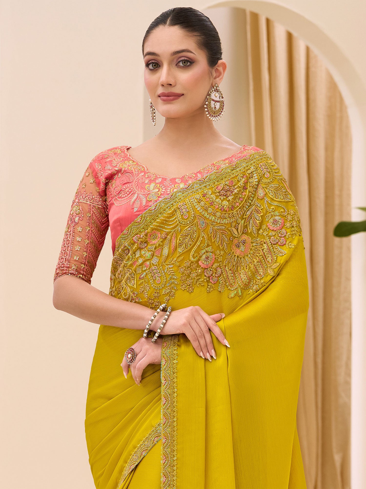 Yellow Sequins Work Embellished Bridesmaid Saree