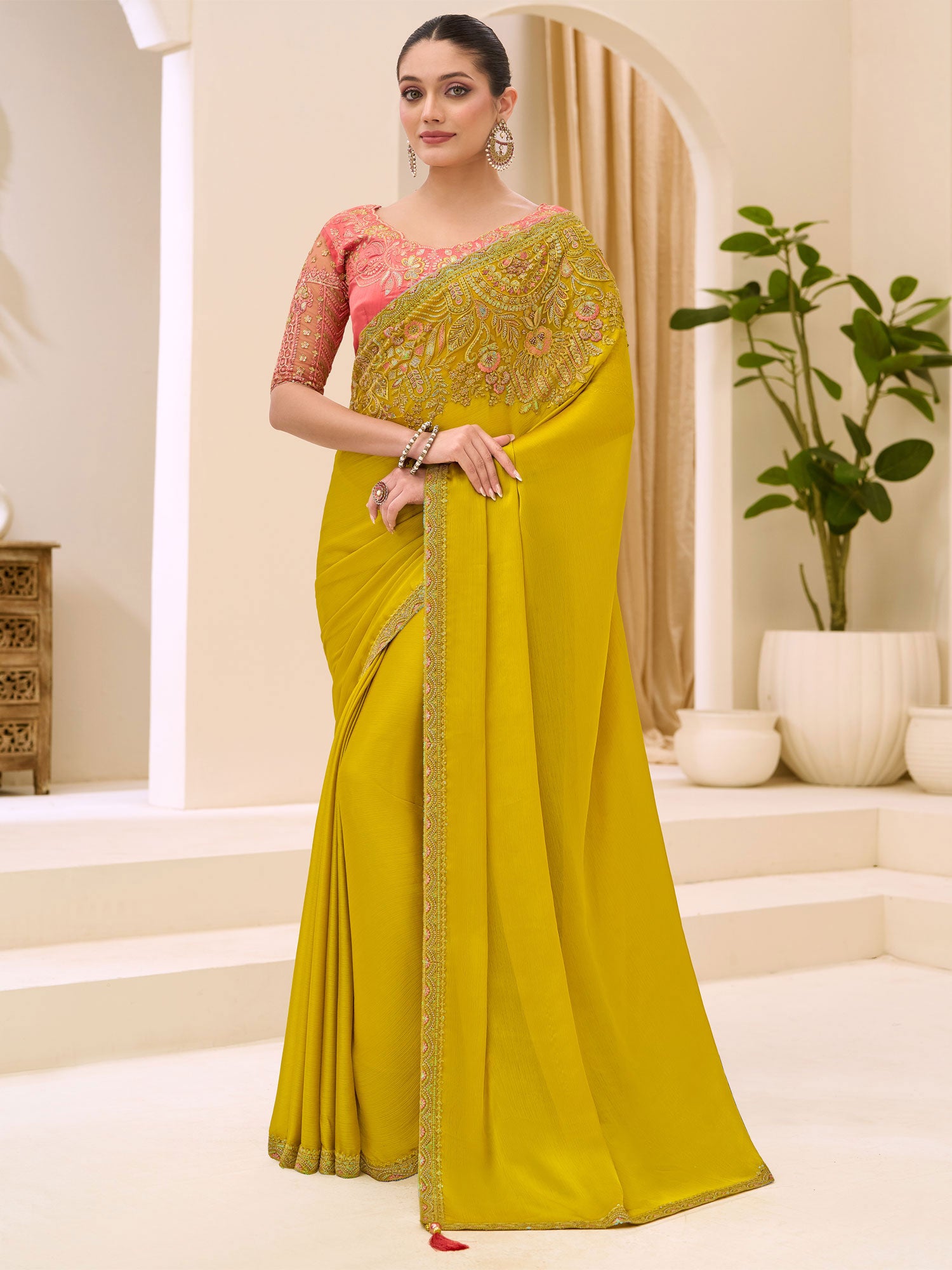 Yellow Sequins Work Embellished Bridesmaid Saree