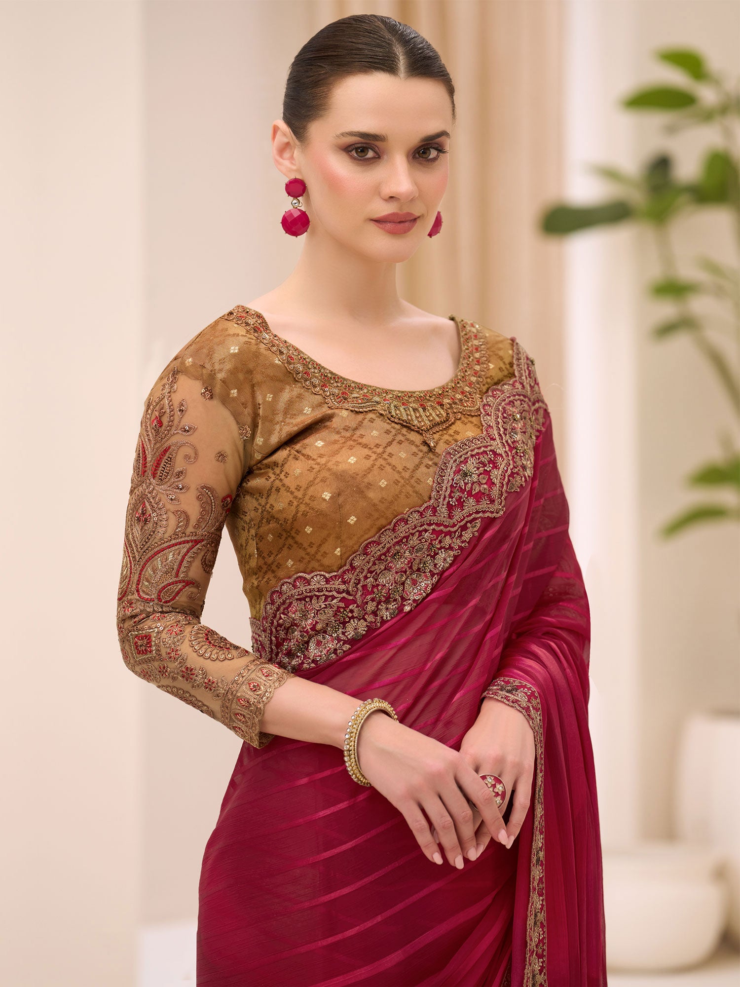Maroon Wedding Wear Saree In Satin Chiffon