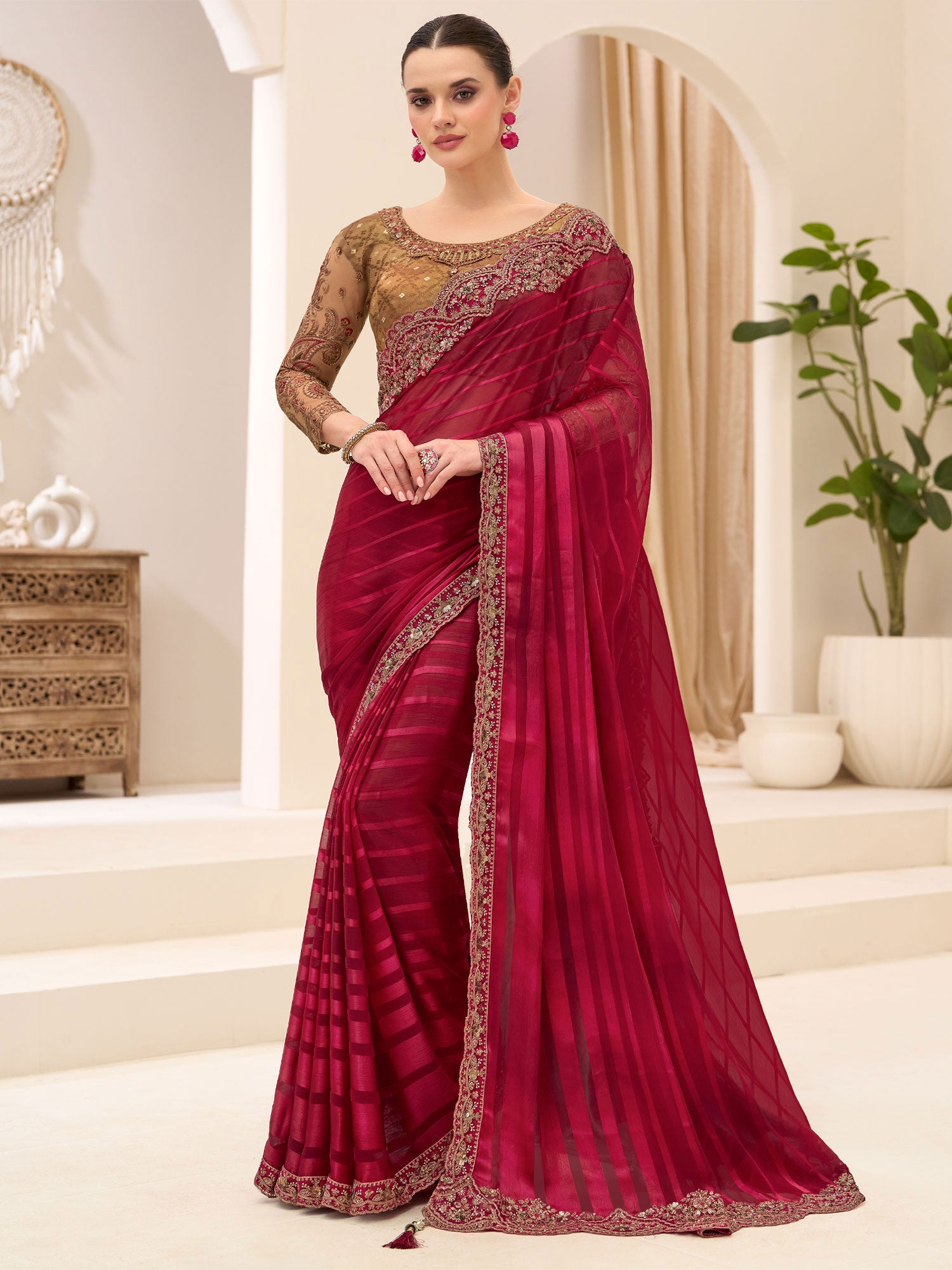 Maroon Wedding Wear Saree In Satin Chiffon