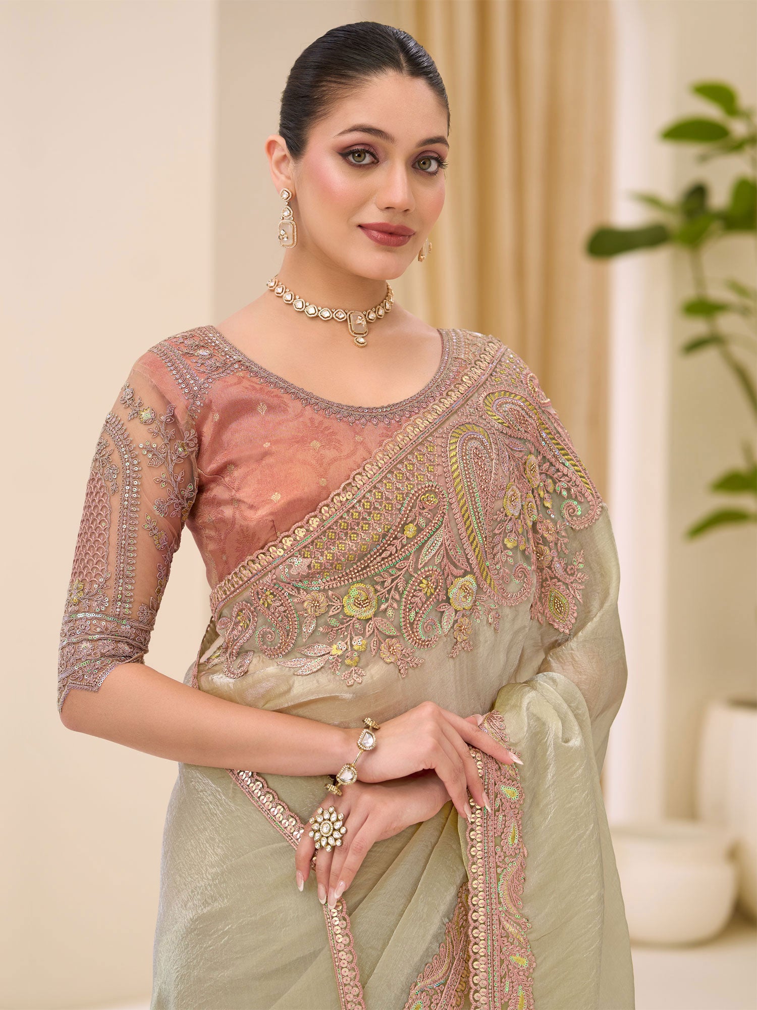 Light Green Embroidered Saree In Tissue Silk