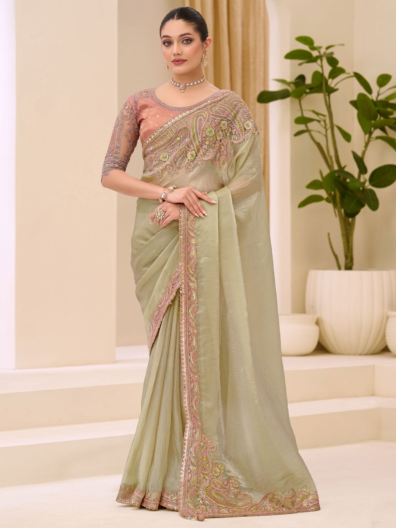 Light Green Embroidered Saree In Tissue Silk