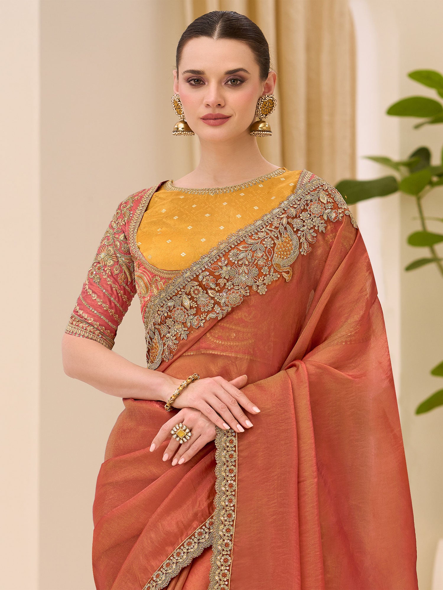 Rust Floral Work Silk Saree With Embroidered Blouse