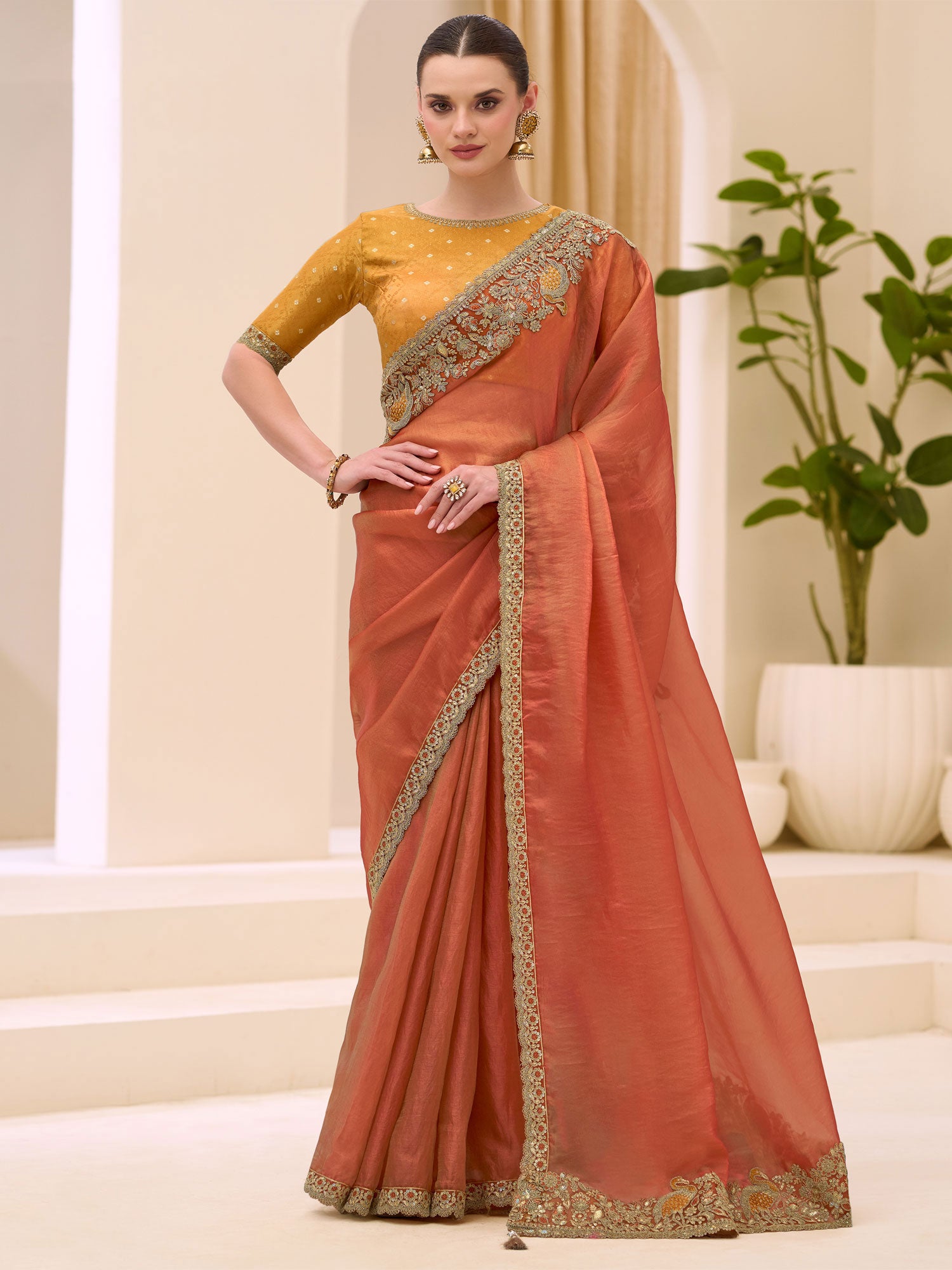 Rust Floral Work Silk Saree With Embroidered Blouse