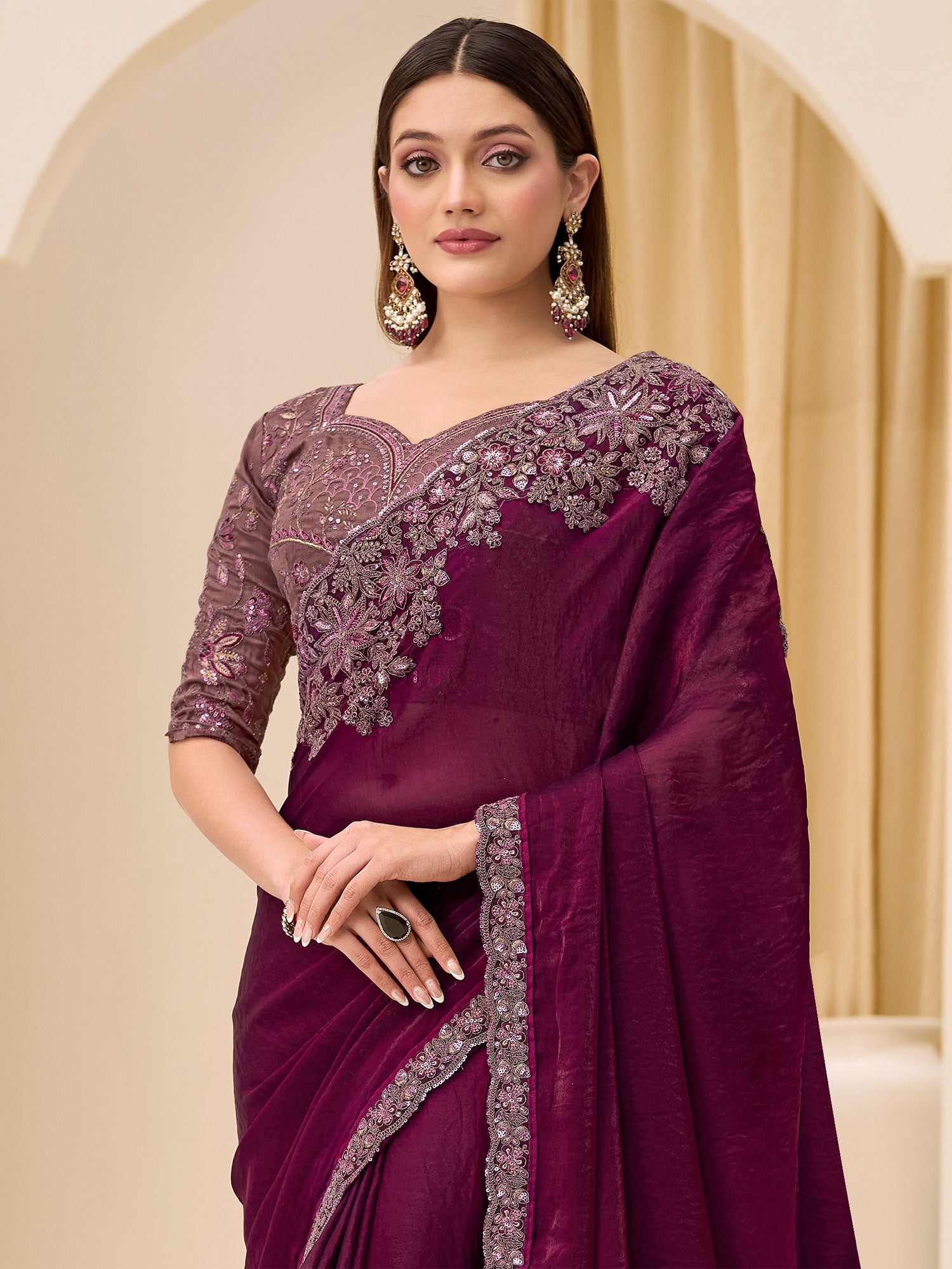 Deep Purple Party Silk Saree In Floral Work