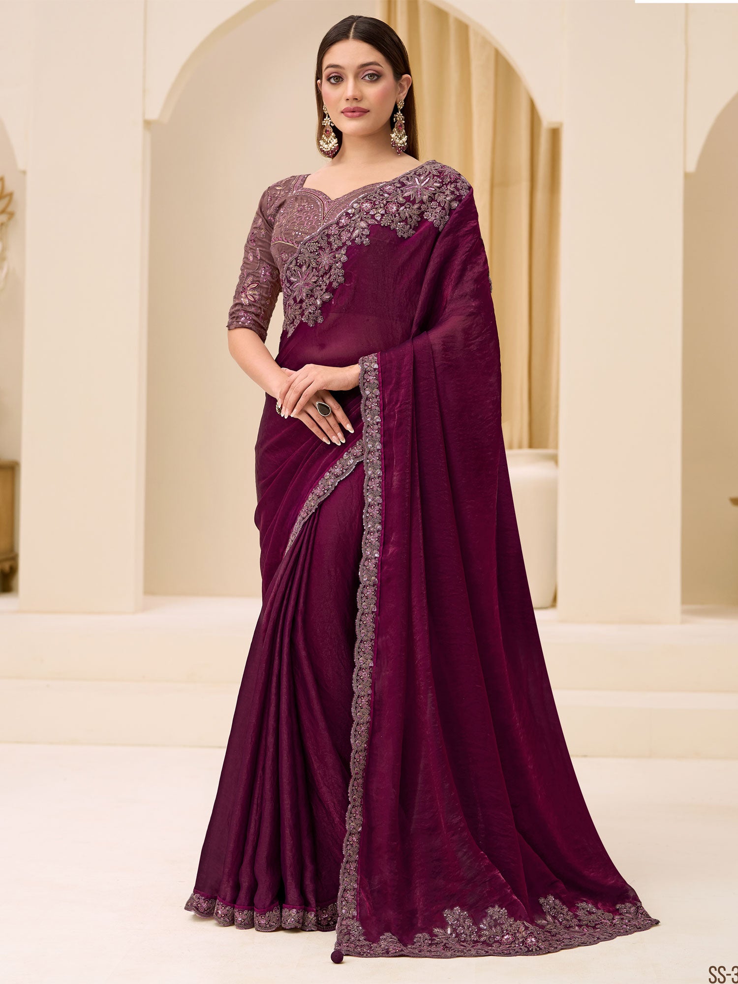 Deep Purple Party Silk Saree In Floral Work
