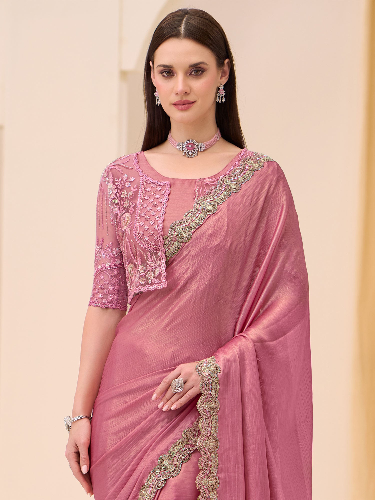 Pink Wedding Wear Embroidered Saree In Satin