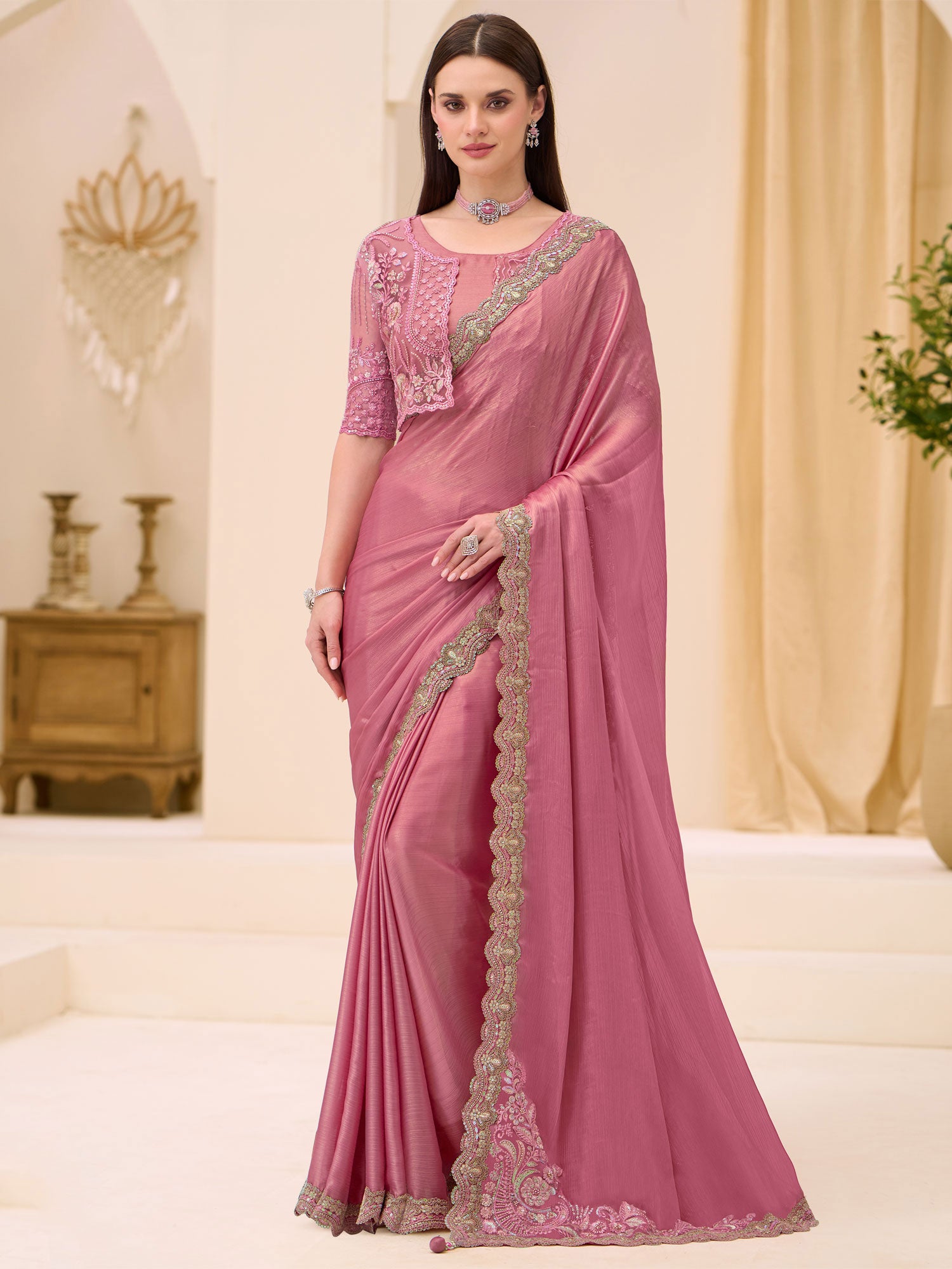 Pink Wedding Wear Embroidered Saree In Satin
