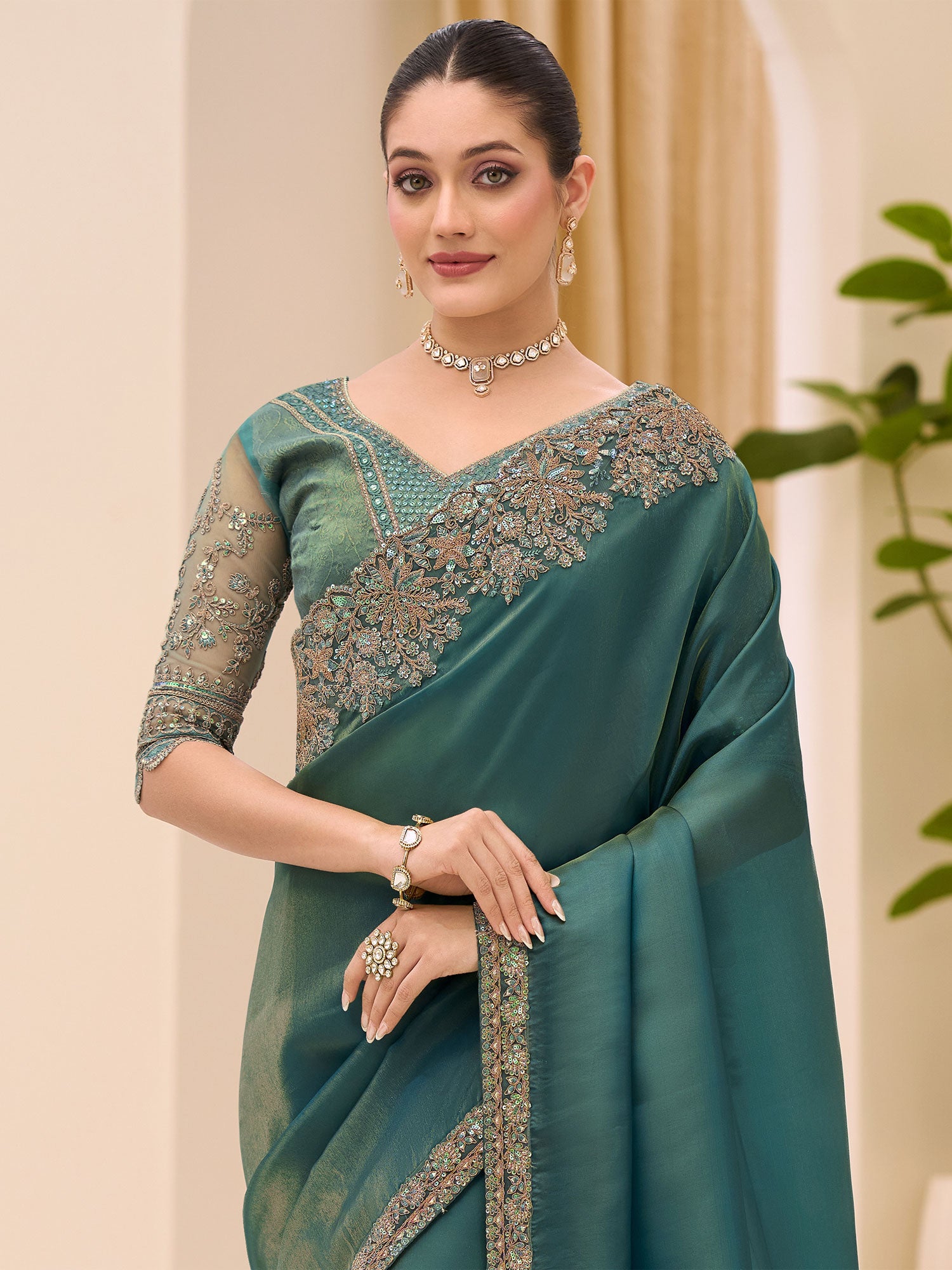 Green Bridesmaid Tissue Silk Saree With Blouse