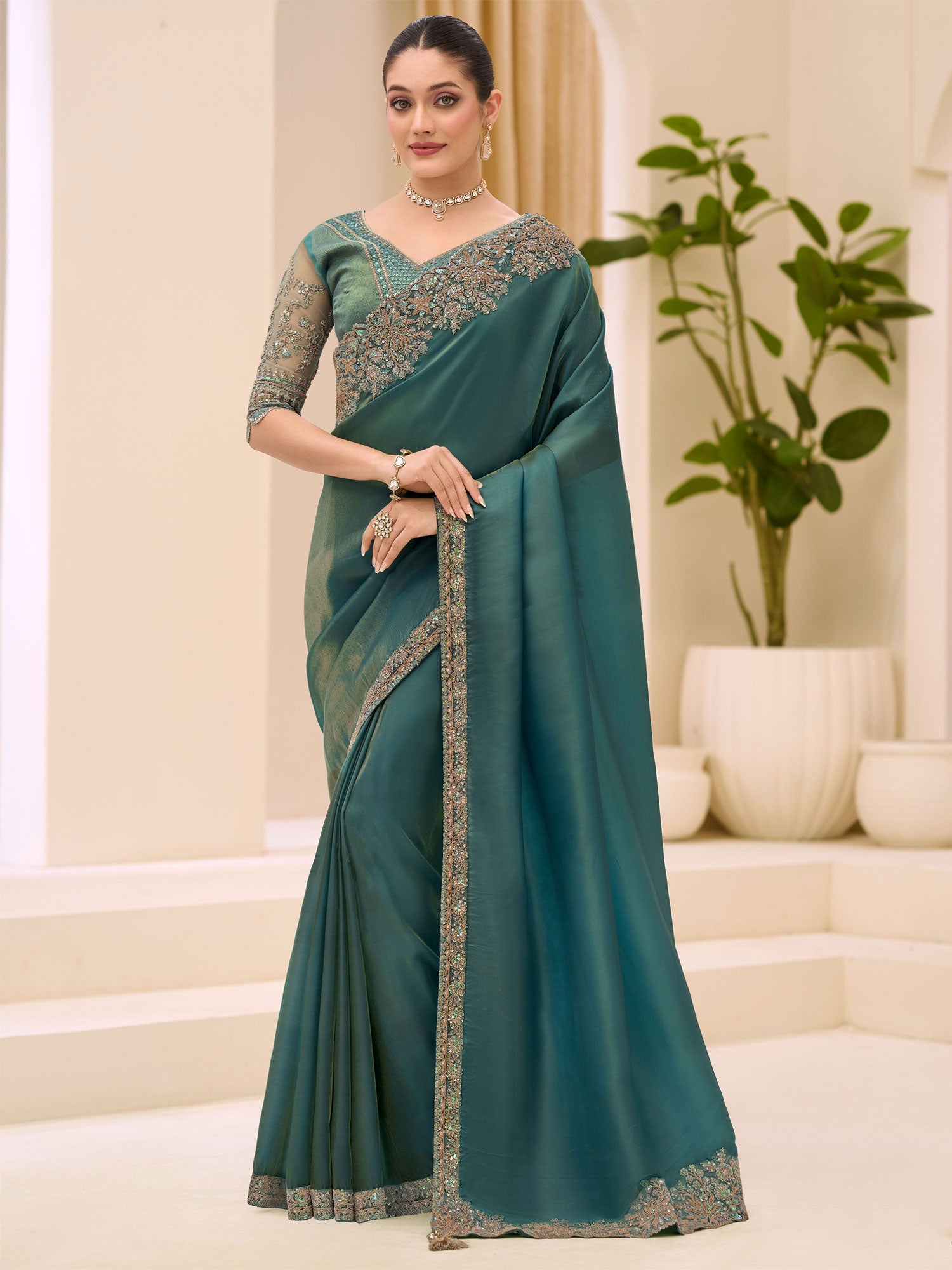 Green Bridesmaid Tissue Silk Saree With Blouse