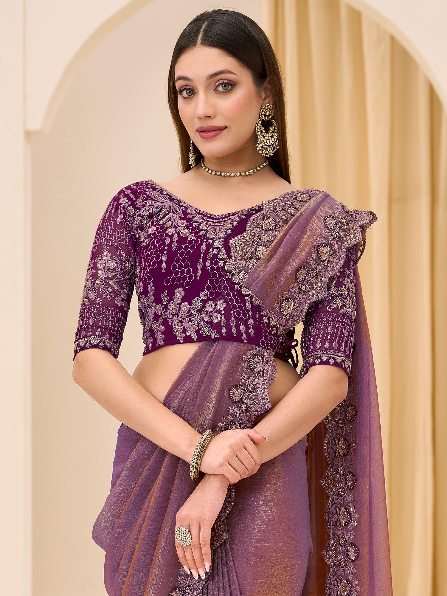 Purple Bridesmaid Saree In Floral Work With Blouse