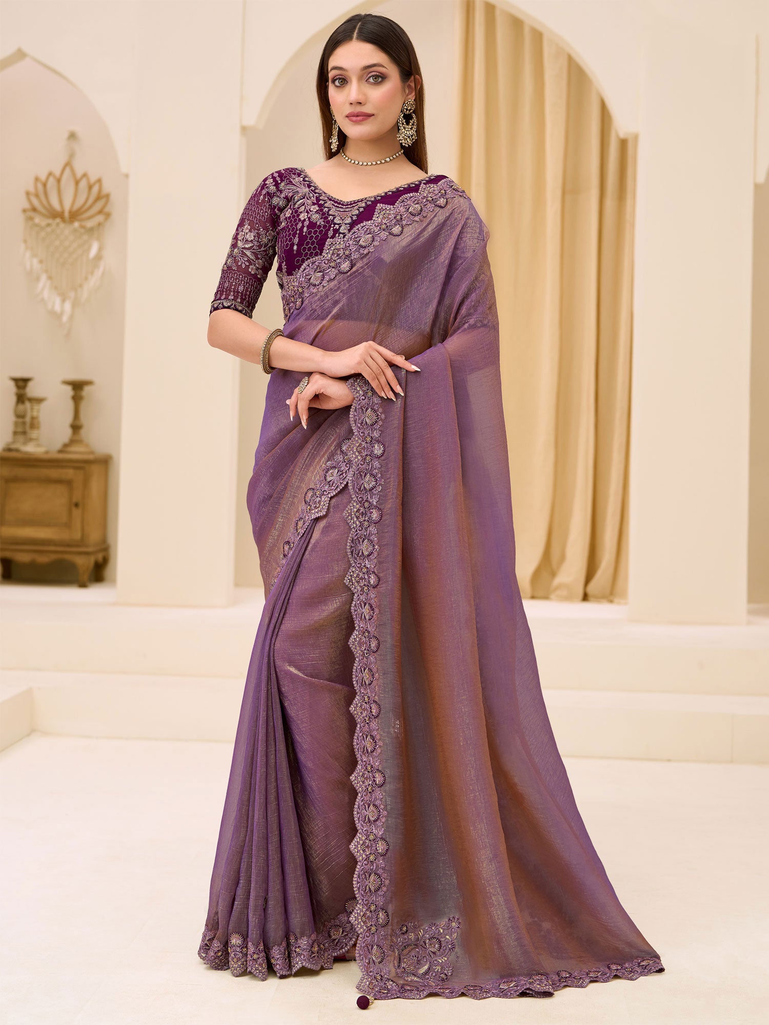 Purple Bridesmaid Saree In Floral Work With Blouse